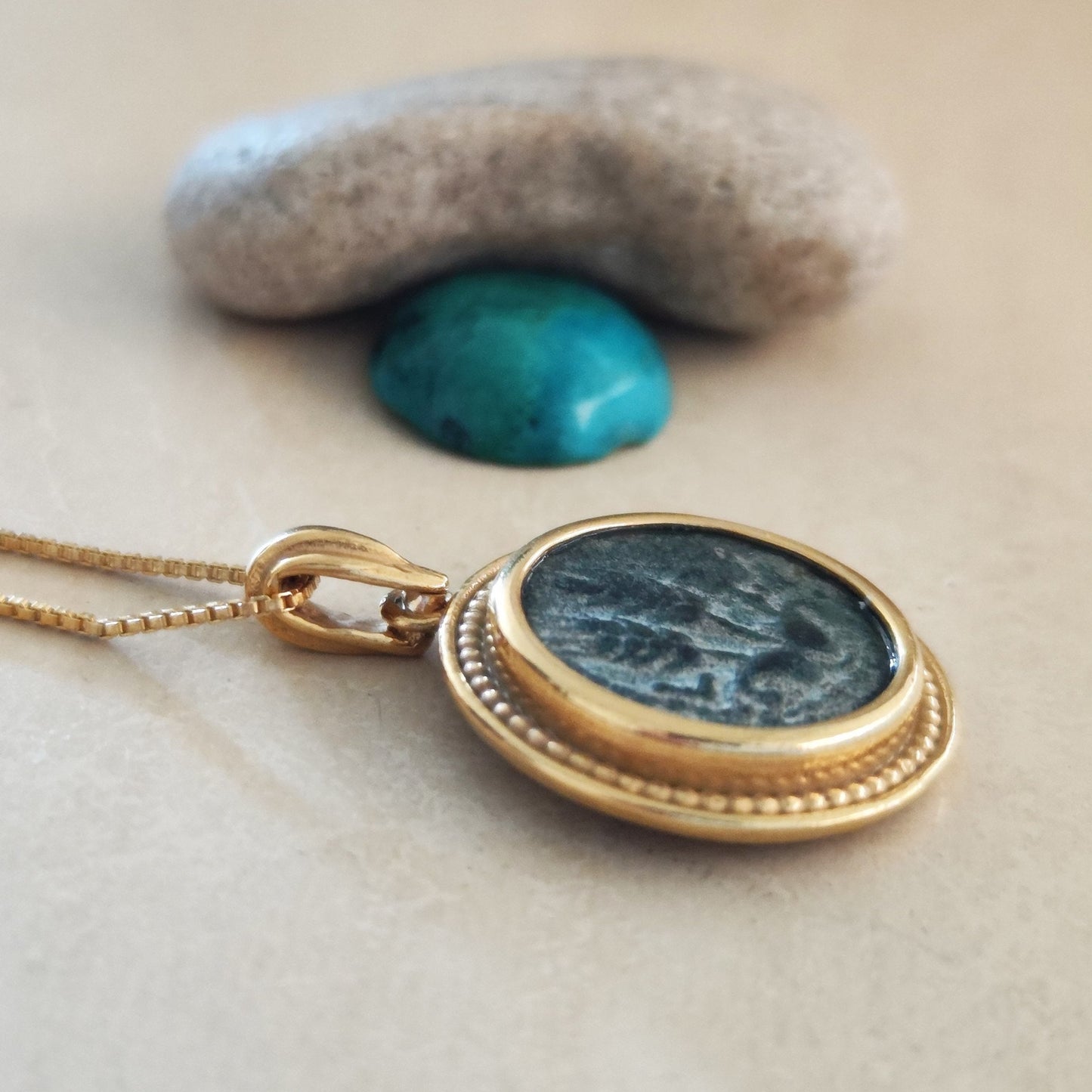 Ancient Jewish King Herod Agrippa bronze coin necklace, Herodian Roman coin gold plated Pedant, vintage coin medallion, Jewish Judea pendant