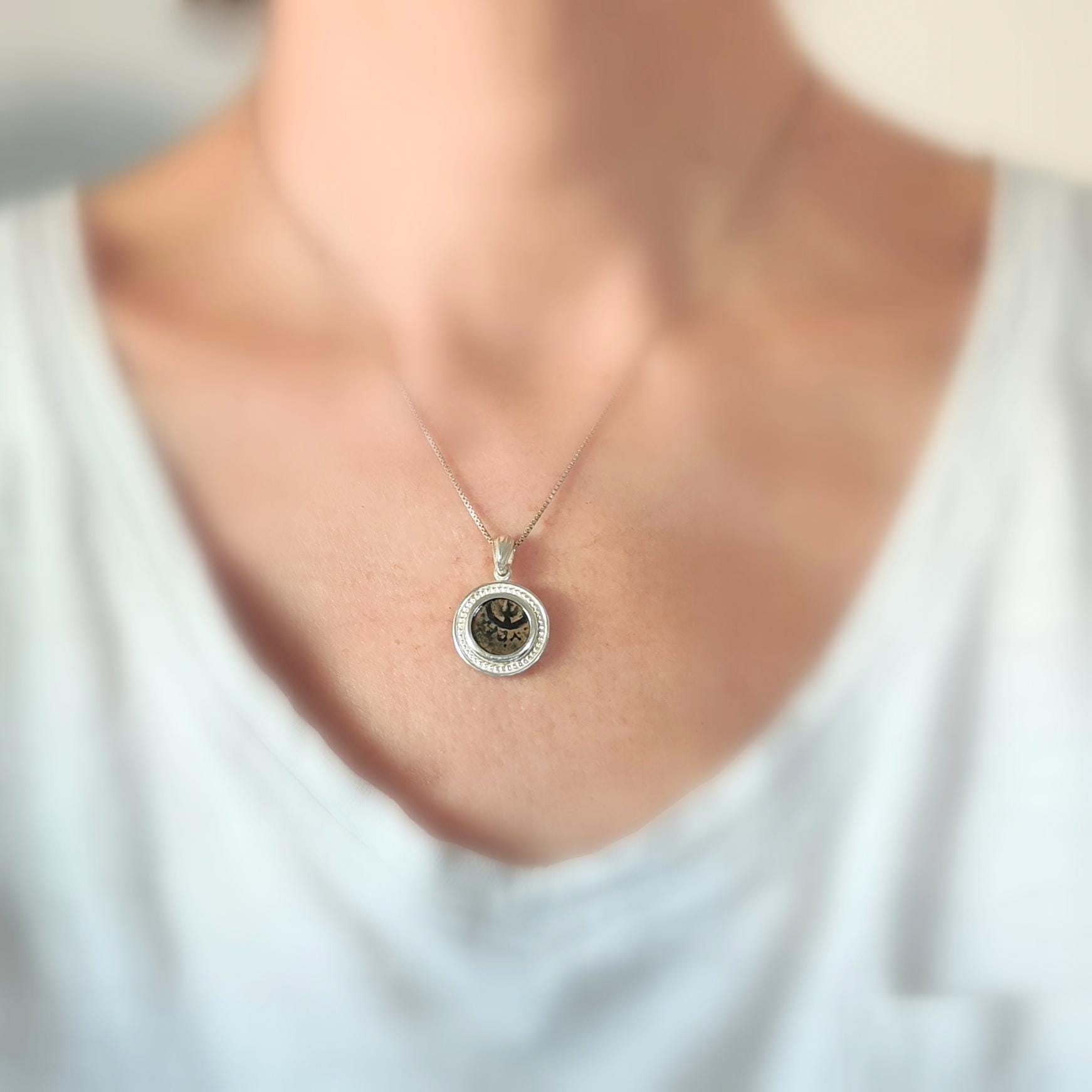 Antique Widows Mite Coin Necklace, Ancient Christian Silver Pendant, Israeli jewelry Barr Designs