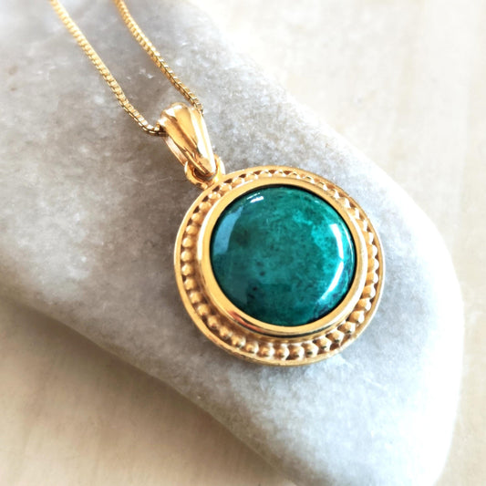 Eilat Stone Gold Plated Necklace, Green Turquoise Pendant, King Solomon Mines stone, Israeli Jewelry, Chrysocolla Malachite mineral gemstone