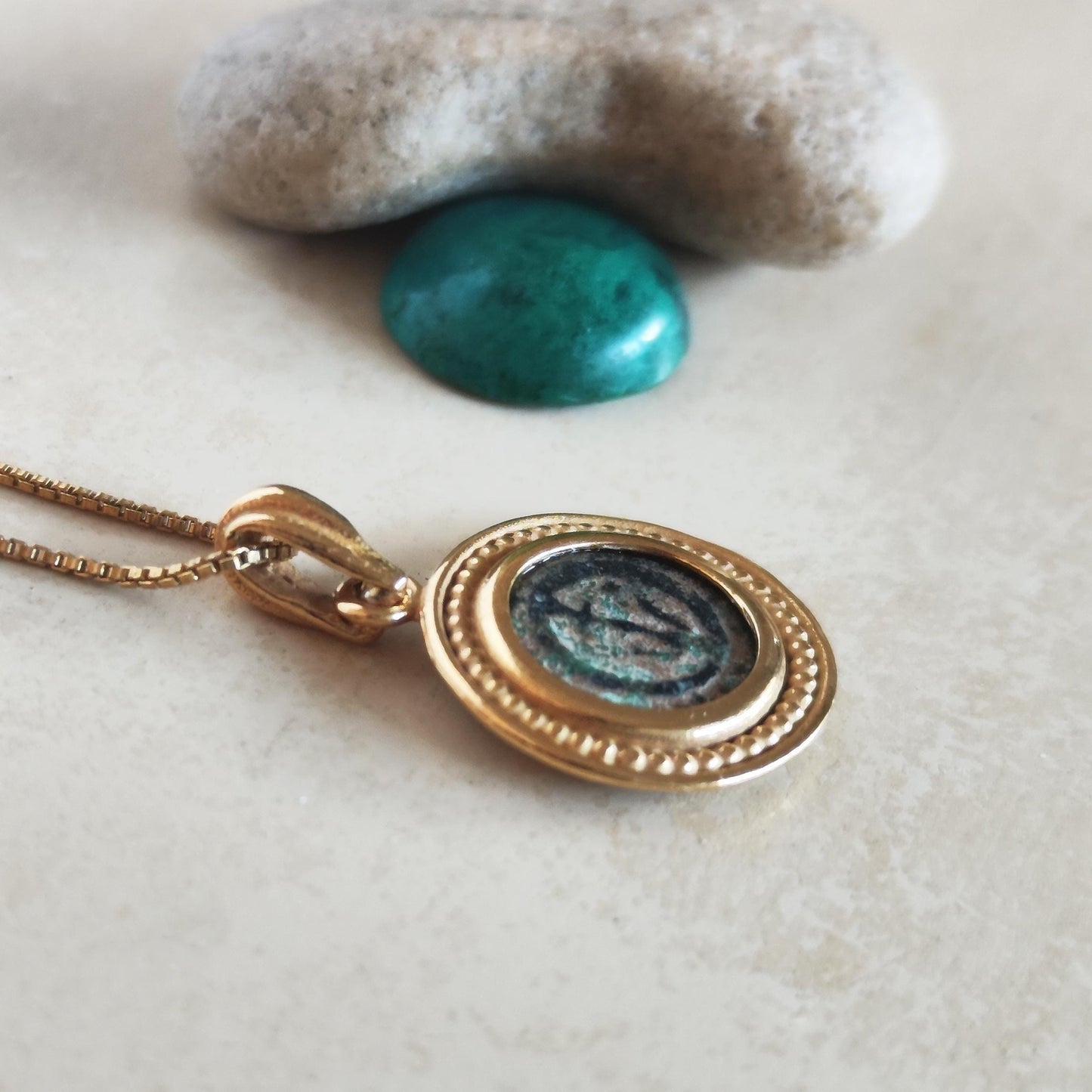 Antique widow's mite coin necklace, Biblical Coin Medallion, Ancient Judea bronze Prutah, Christian Jesus jewelry