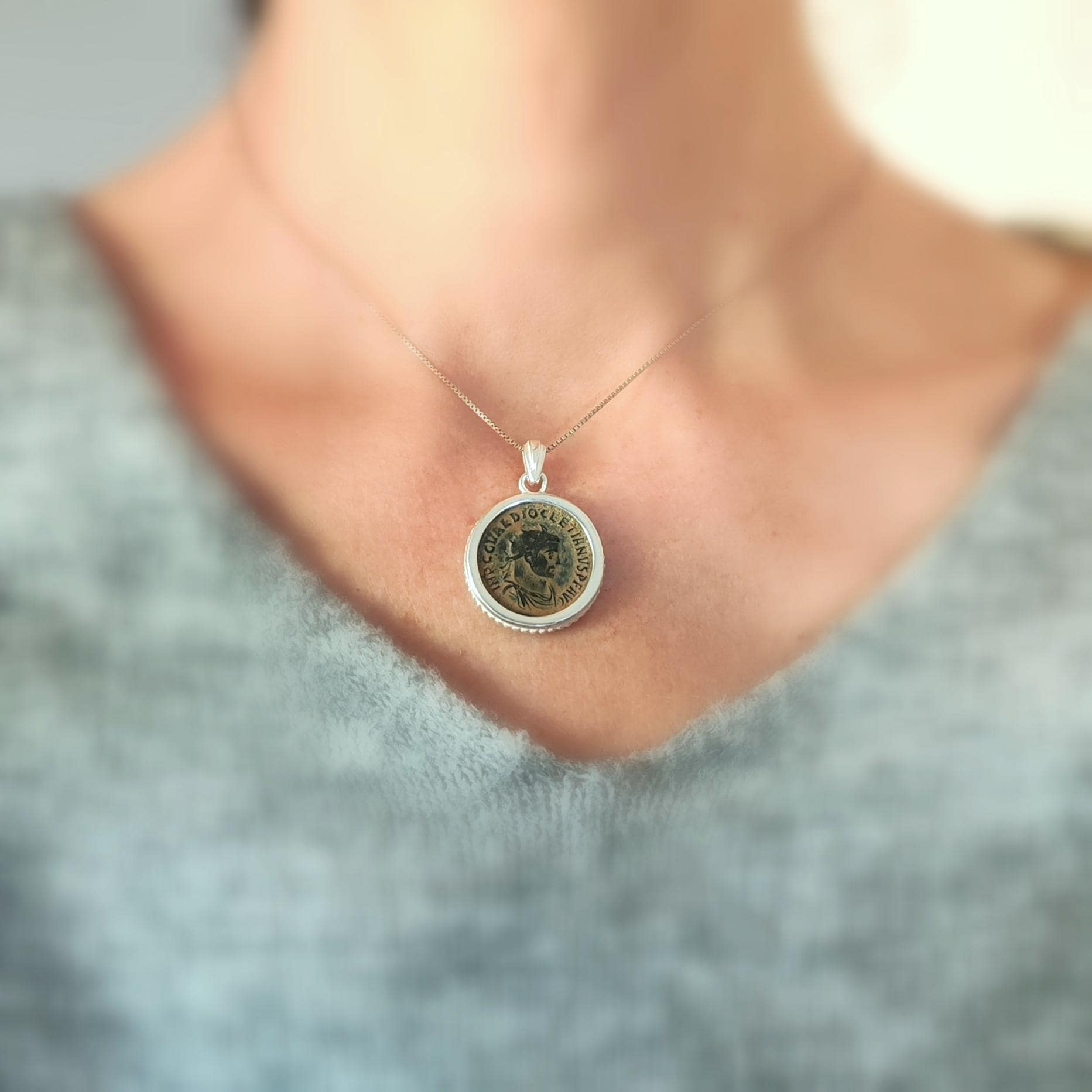 Authentic Certified Roman Emperor Diocletian Coin Necklace, Antique Silver Unisex Medallion Barr Designs
