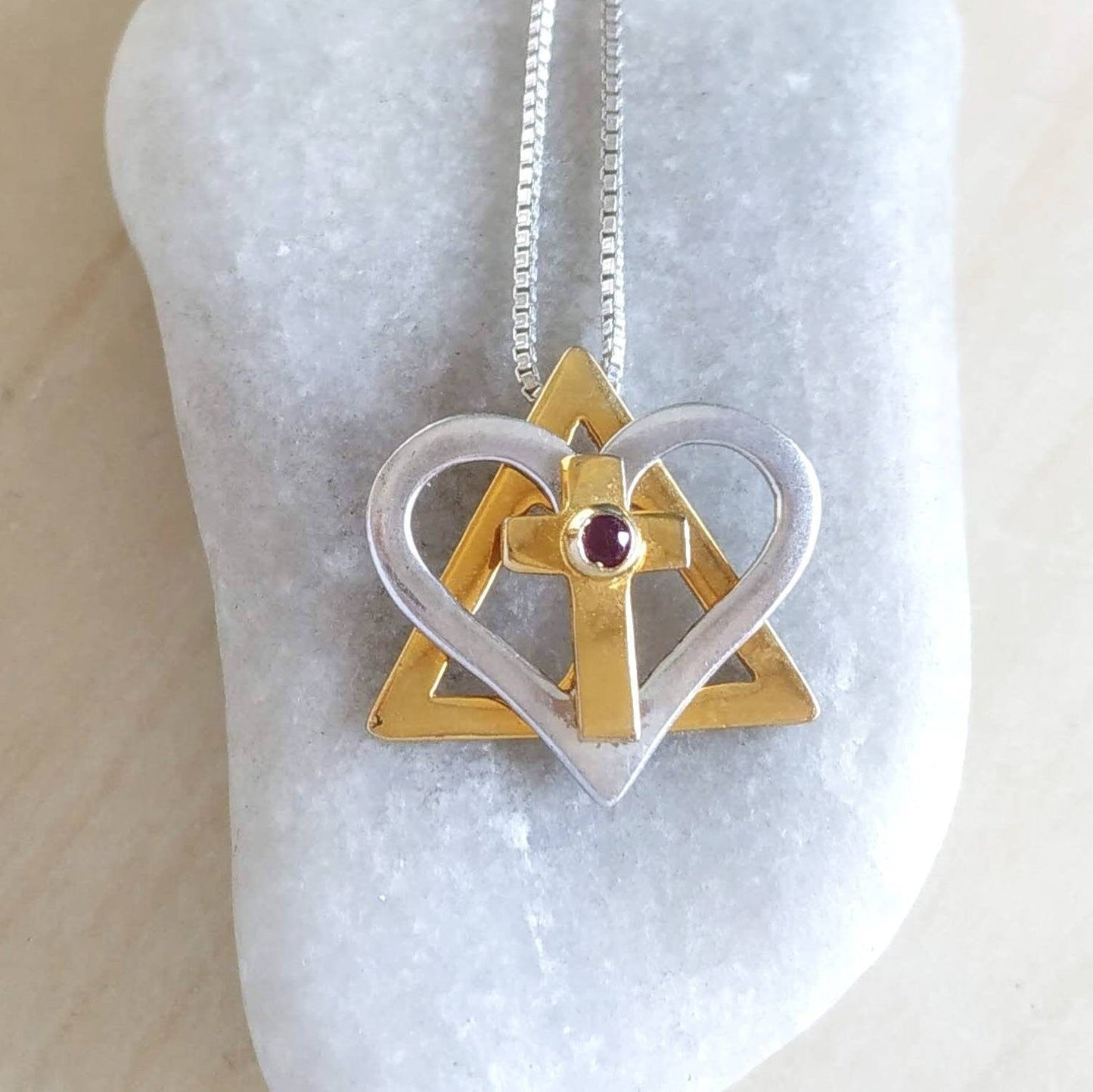 Interfaith Star Cross Necklace: Gold Plated Sterling Silver Ruby Heart Cross Pendant Barr Designs