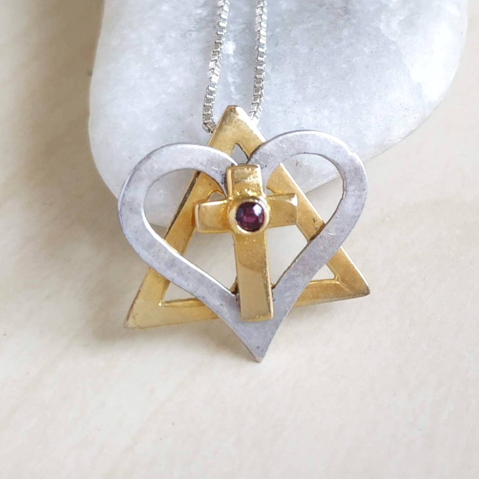 Interfaith Star Cross Necklace: Gold Plated Sterling Silver Ruby Heart Cross Pendant Barr Designs
