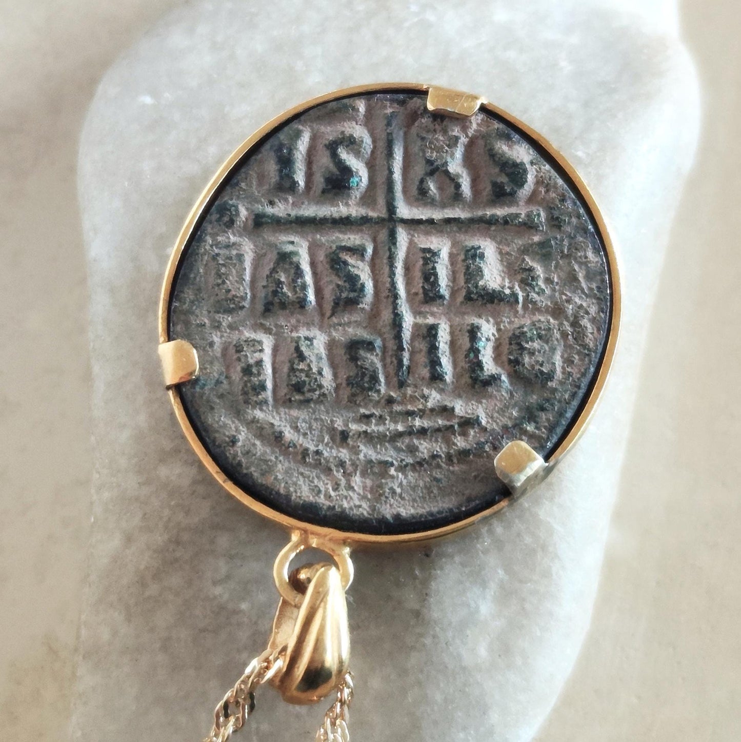 Jesus Christ Coin Pendant: Antique Byzantine Bronze Follis, Gold Plated Medallion Barr Designs