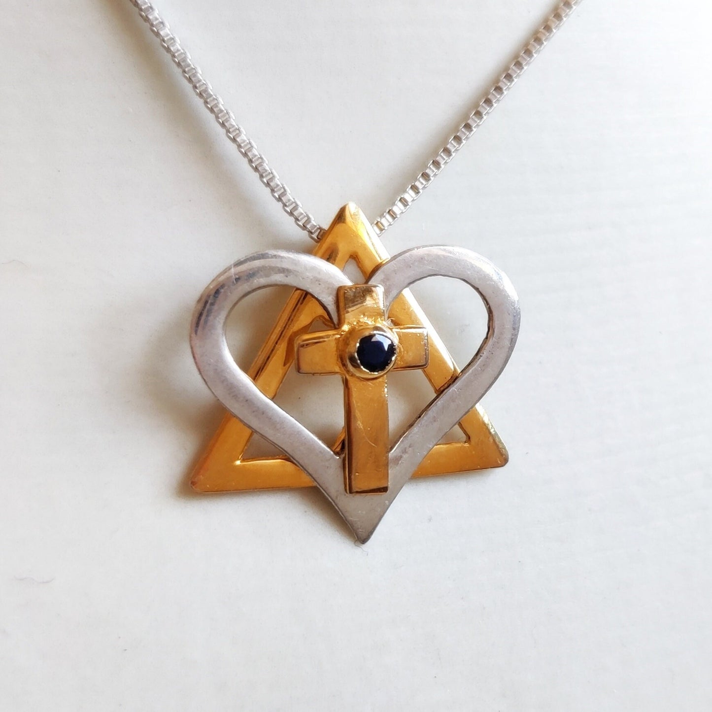Silver and Gold Star of David cross necklace, interfaith Messianic Jewish Christian pendant, Blue Sapphire heart pendant, born again jewelry