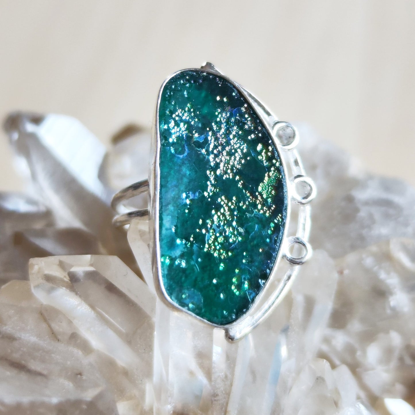 Antique Roman Glass Solitaire Ring, Natural Roman Glass adjustable silver ring, Aqua Green Blue patina Glass ring,  Large Statement ring