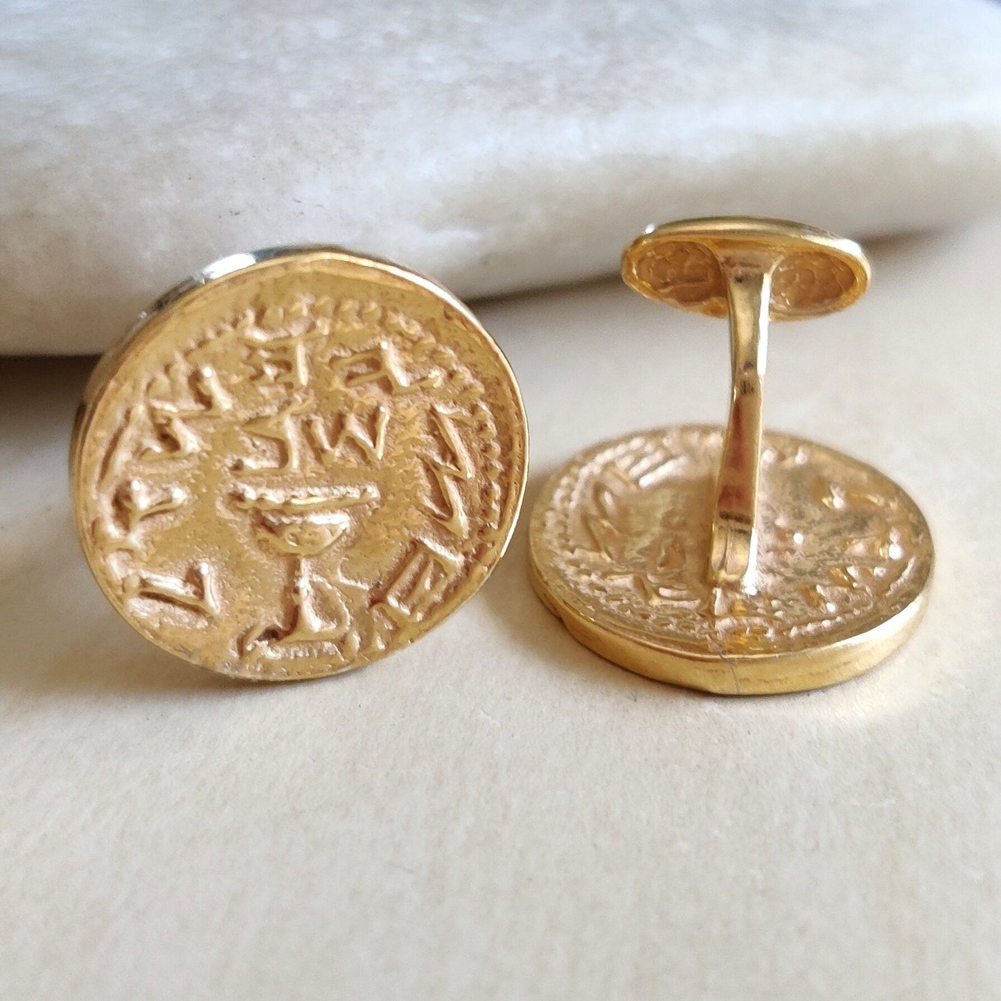Gold Plated Coin Cufflinks, Jewish Revolt Half Shekel Replica, Israeli Jewelry Barr Designs