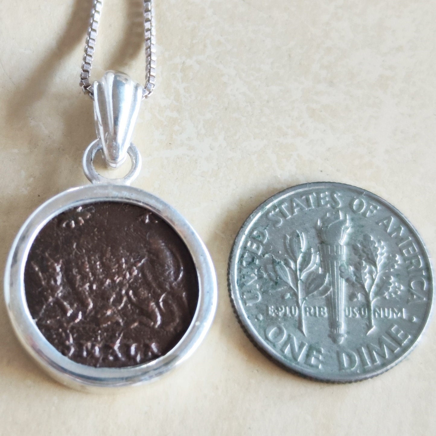 Antique Constantine She Wolf Coin Necklace, Ancient Roman Romulus & Remus Small Bronze Coin Pendant, Vintage Silver Medallion gift for him