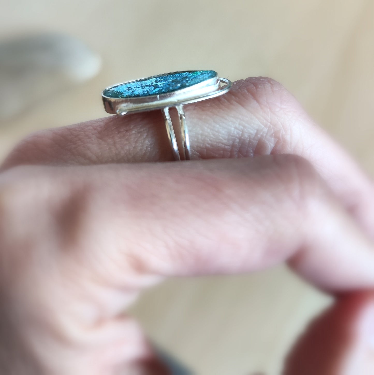 Ancient Glass Oval Ring, Natural Antique Roman Glass Adjustable Silver Ring, Green Blue Patina Glass ring, Statement Solitaire Ring