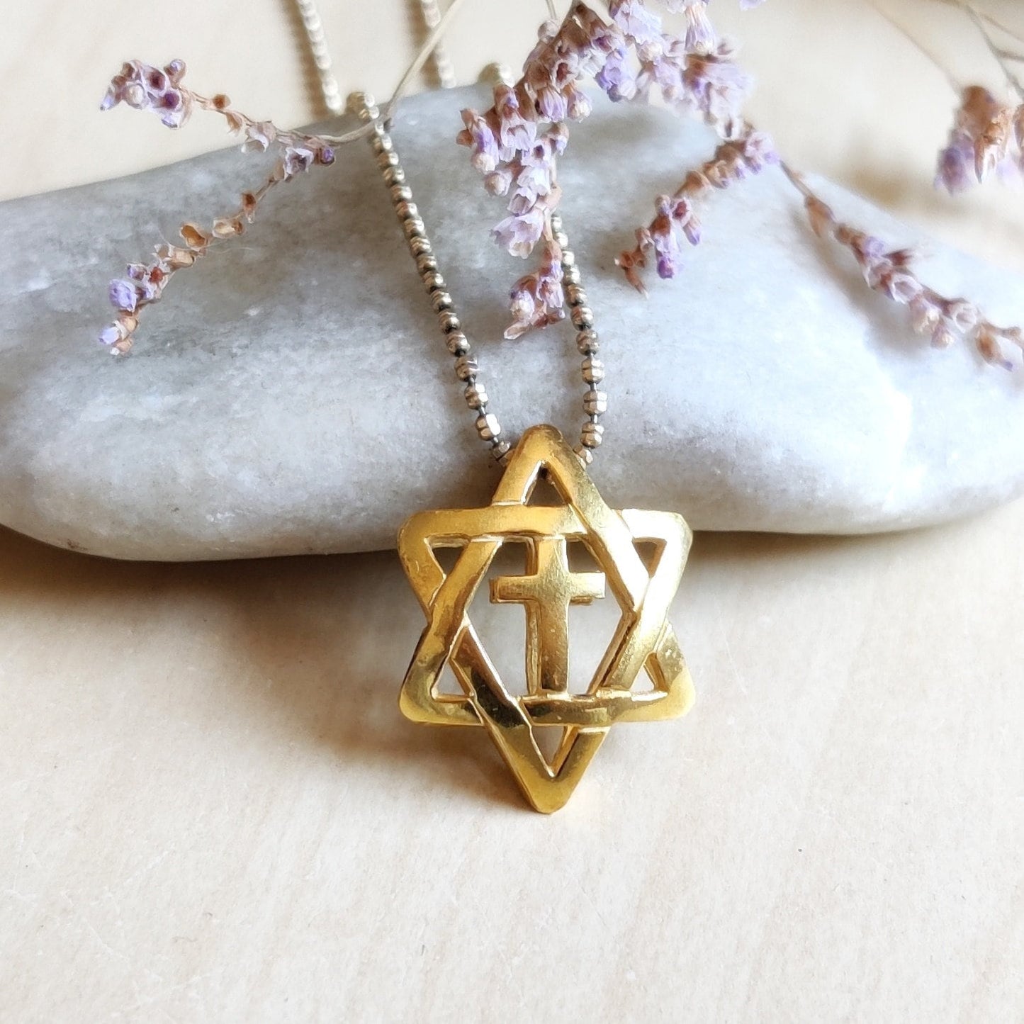 Messianic Interfaith Jewelry, Gold Plated Star of David Cross Necklace Barr Designs
