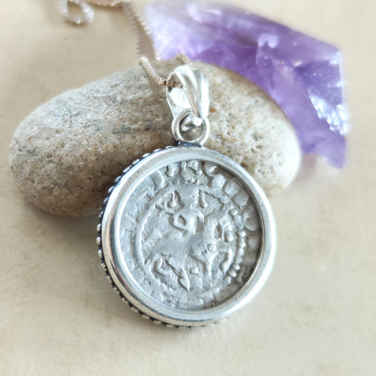Authentic Medieval Silver Coin necklace, Horse Lion Crusader Jewelry, Christian Knights Cross Pendant