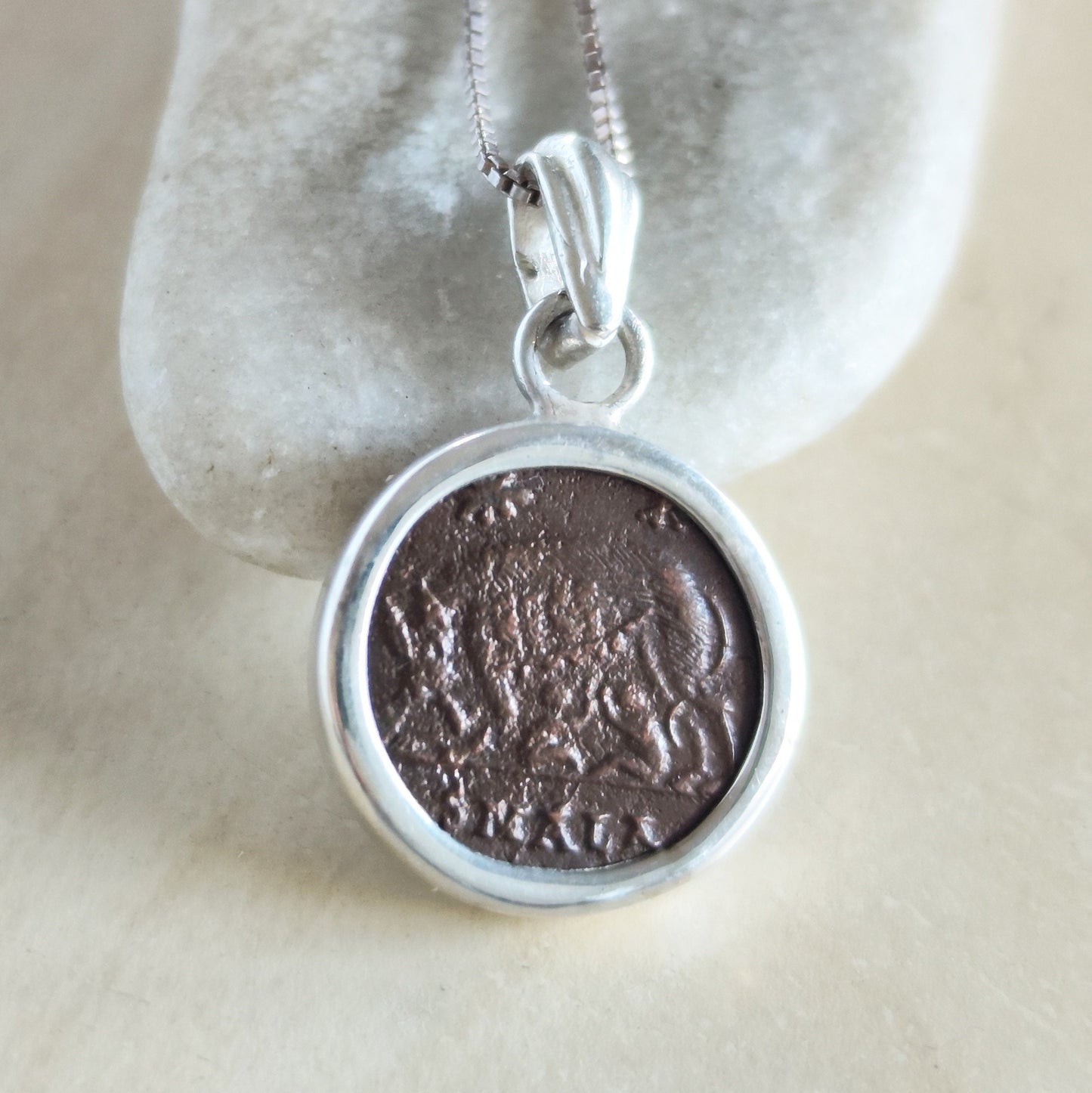 Antique Constantine She Wolf Coin Necklace, Ancient Roman Romulus & Remus Small Bronze Coin Pendant, Vintage Silver Medallion gift for him