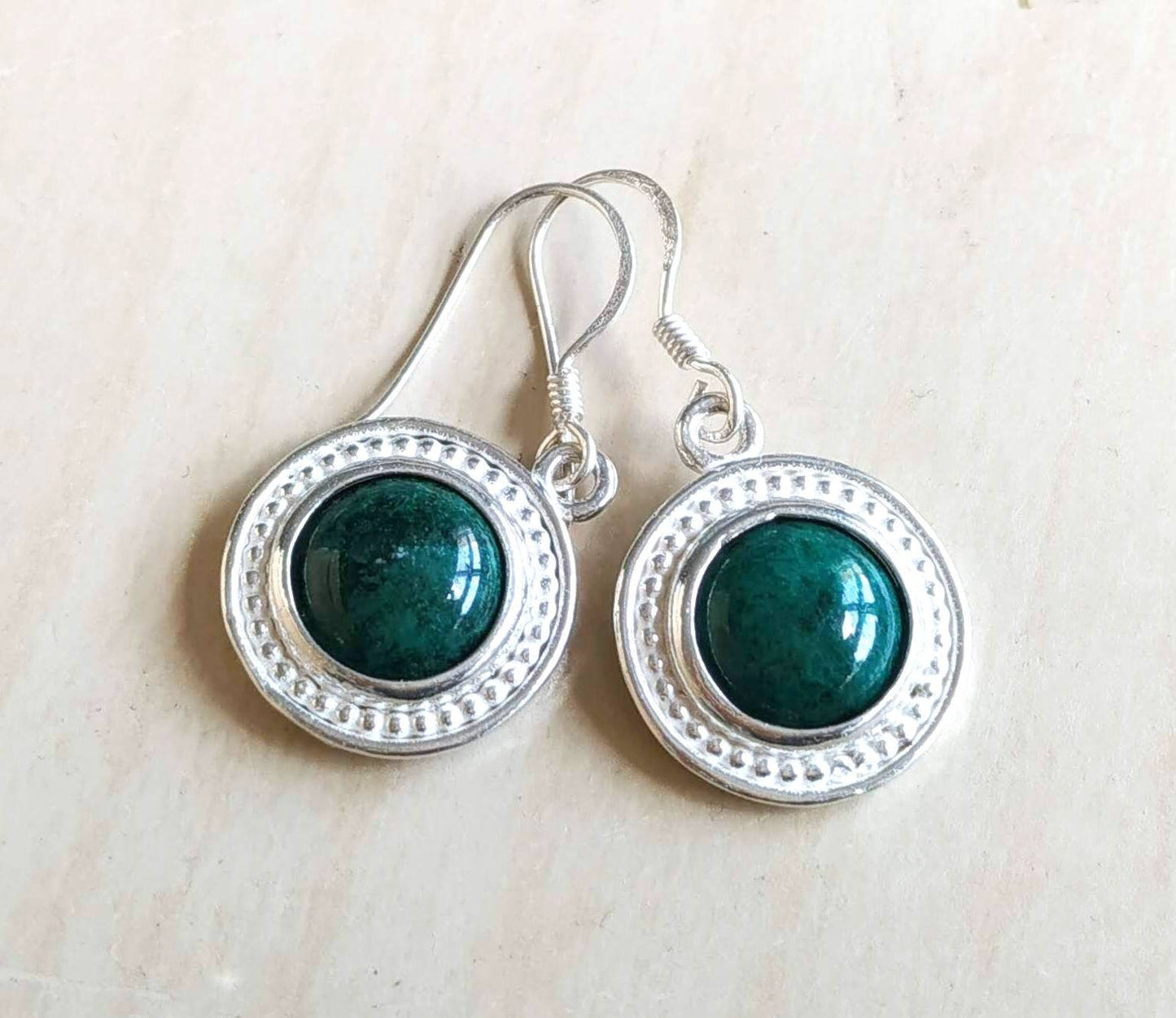 Eilat Stone Silver dangle Earrings, Green gemstone Earrings, King Solomon mine stone minerals, Israeli jewelry, Malachite round Earrings
