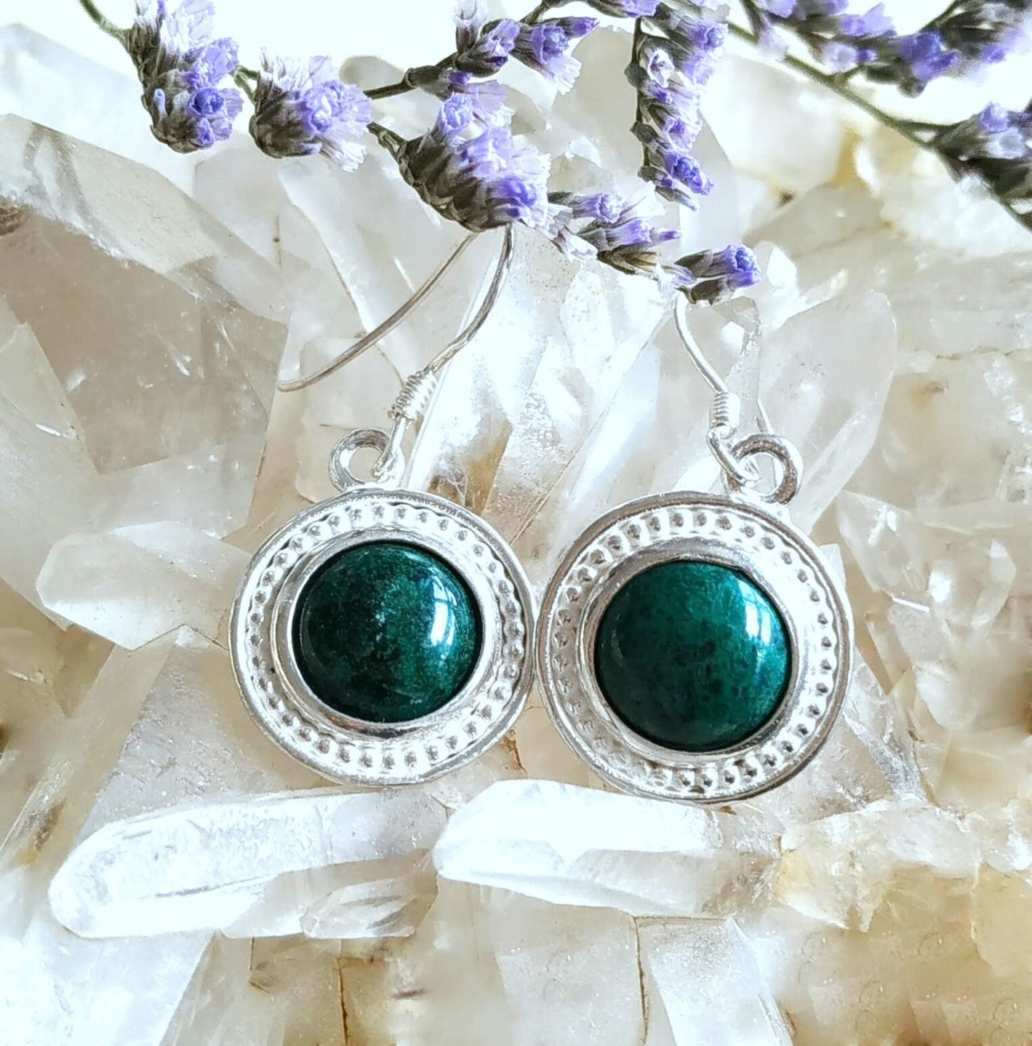 Eilat Stone Silver dangle Earrings, Green gemstone Earrings, King Solomon mine stone minerals, Israeli jewelry, Malachite round Earrings