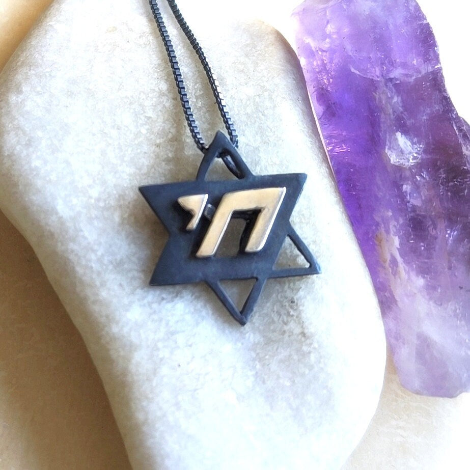 Hebrew Necklace, Chai Life Star Of David Necklace, Two Tone Silver Pendant, Jewish men gift, Israelite Gift, Judaica jewelry, Jewish Jewelry