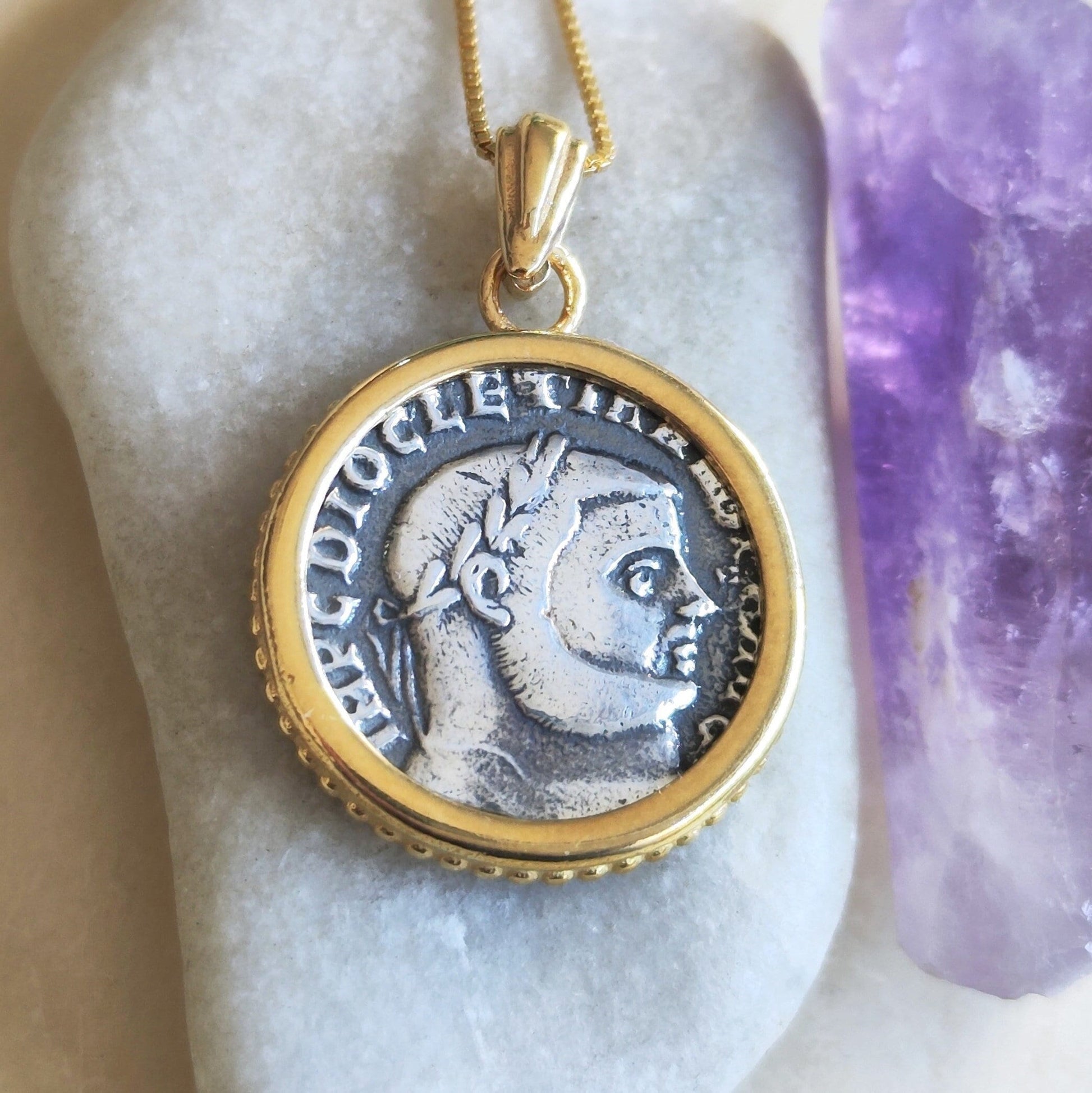 Roman Emperor Diocletian Coin Necklace: Replica Coin Pendant in Silver and Gold Barr Designs