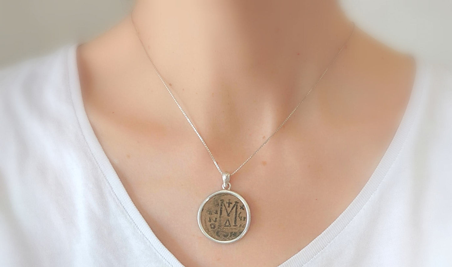 Large Ancient Byzantine Coin Medallion, Byzantine Empire Follis Coin Silver Statement Necklace, Men Unisex Gift Idea, Vintage Style Jewelry