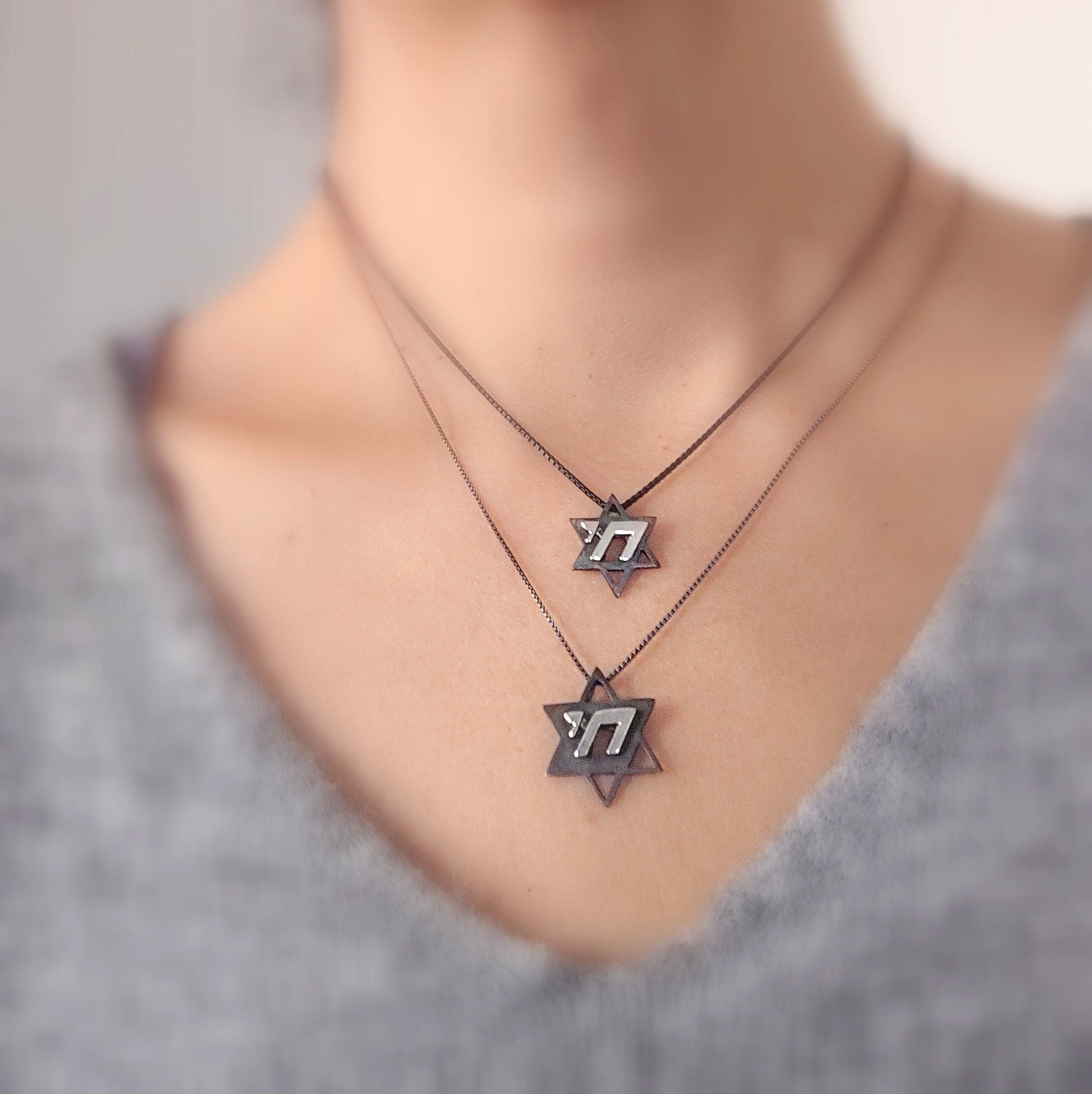 Two-Tone Star of David Chai Necklace: Sterling Silver Jewish Pendant Barr Designs
