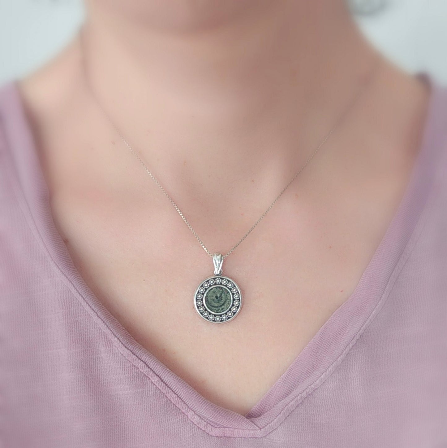 Christian Silver Necklace, Widow's Mite Coin Pendant, Jesus Ancient Jewelry, vintage style necklace, Flower nature pendant, Israeli jewelry