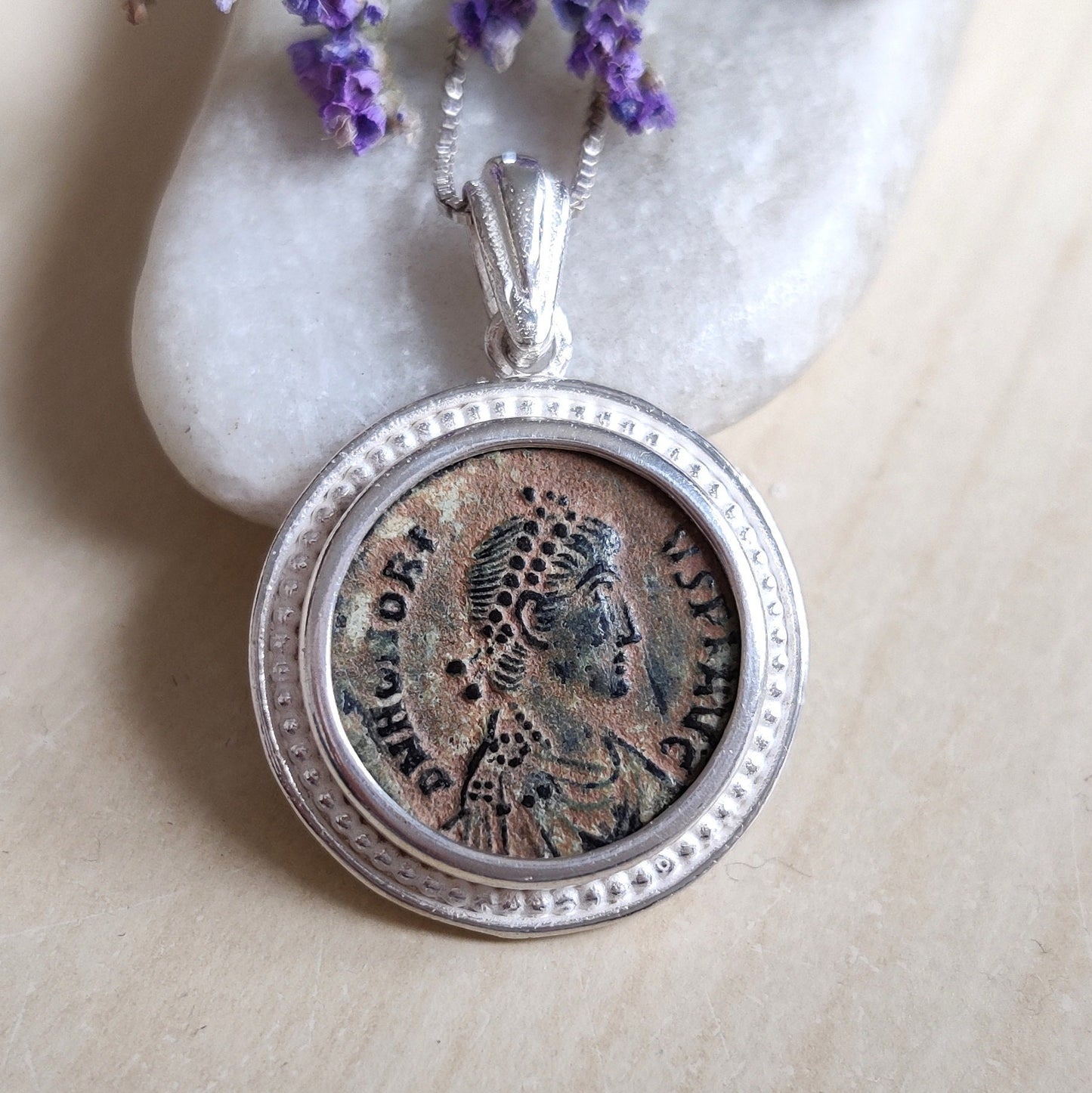 Certified Antique Roman Coin of Emperor Honorius set in Silver Pendant, Constantine Coin Medallion, Christian Vintage gift