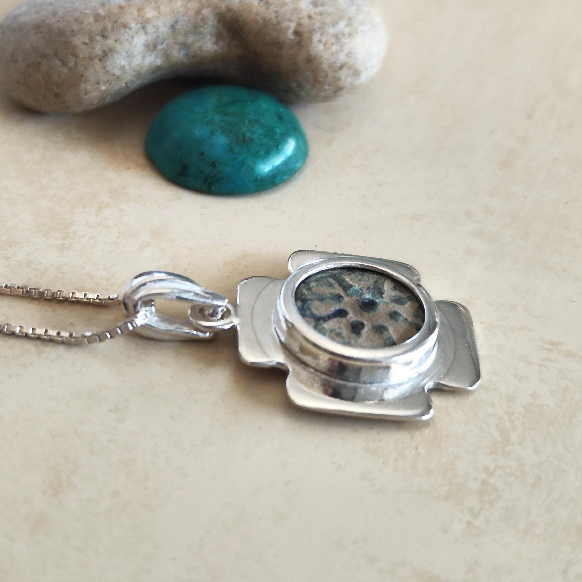 Jerusalem Cross Pendant set with antique Widow's Mite Coin, Sterling Silver Barr Designs