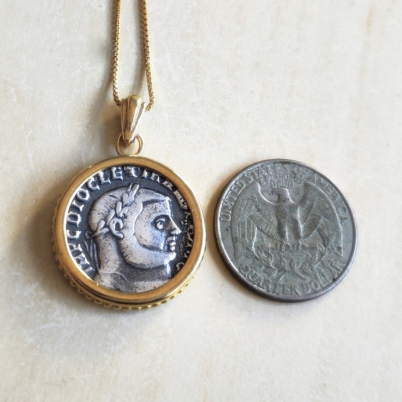 Roman Emperor Diocletian Coin Necklace: Replica Coin Pendant in Silver and Gold Barr Designs