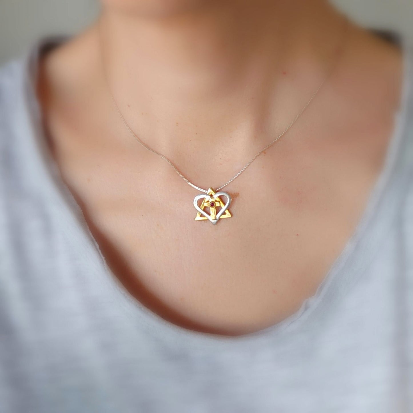 Silver and Gold Star of David cross necklace, interfaith Messianic Jewish Christian pendant, Red Ruby heart necklace, born again jewelry