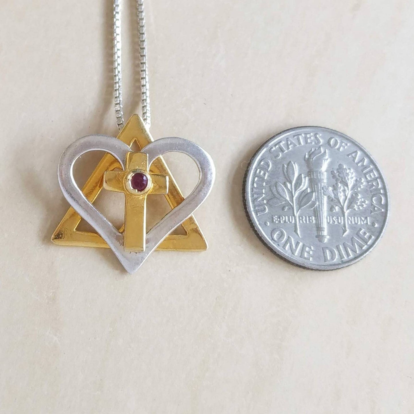 Silver and Gold Star of David cross necklace, interfaith Messianic Jewish Christian pendant, Red Ruby heart necklace, born again jewelry
