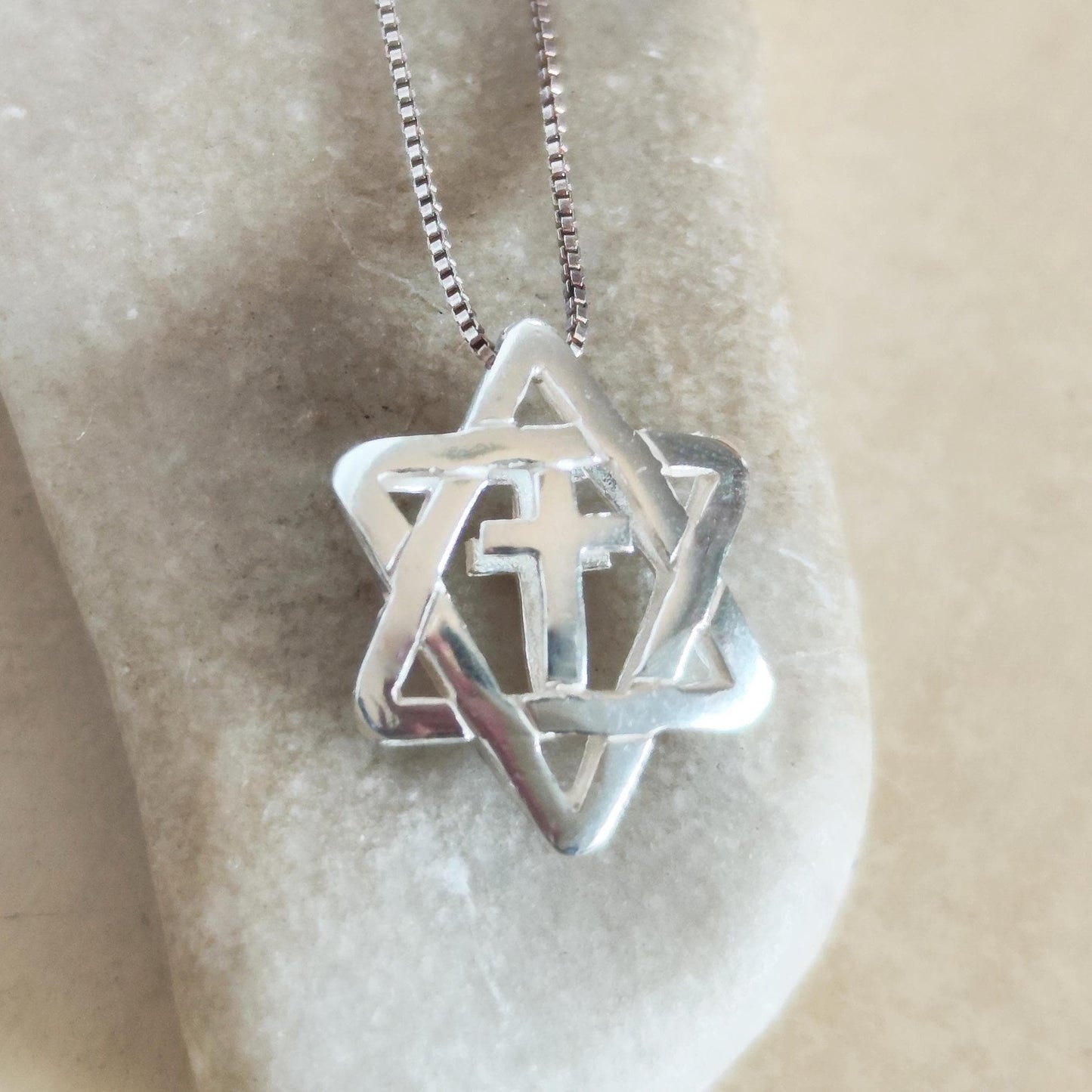 Sterling Silver Star of David with Cross Pendant: Messianic Interfaith Necklace Barr Designs