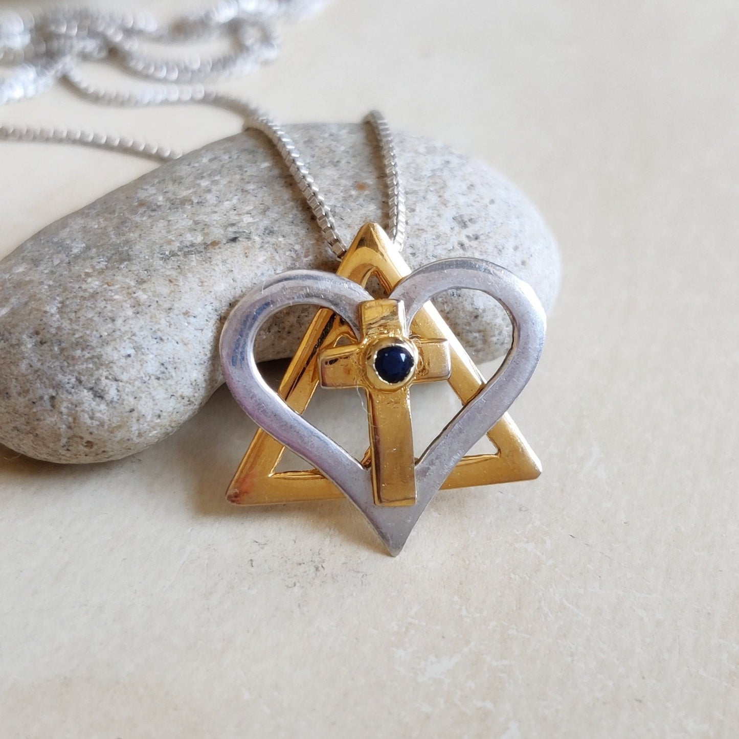 Silver and Gold Star of David cross necklace, interfaith Messianic Jewish Christian pendant, Blue Sapphire heart pendant, born again jewelry