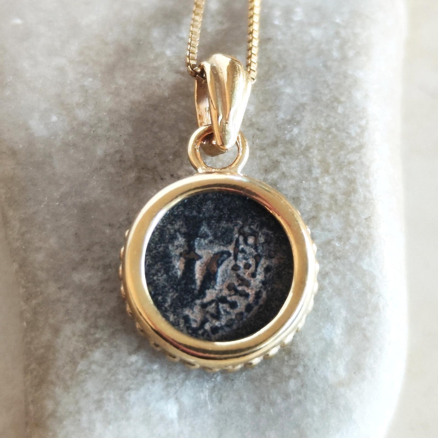 Mark 12:41 Genuine widow's mite Coin Pendant, Biblical Coin Gold Plated Small Necklace Barr Designs