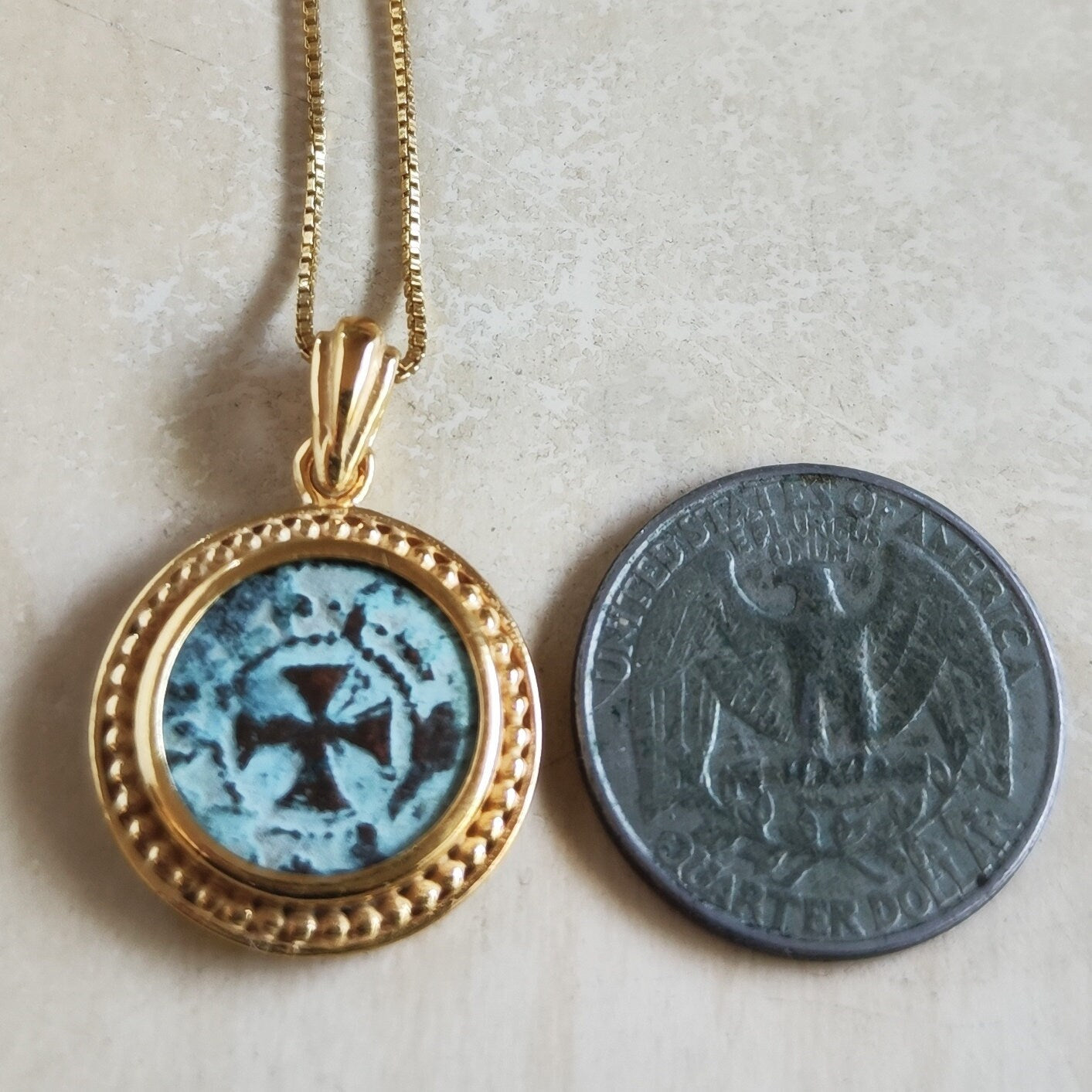 Antique Latin Cross Coin Pendant, Christian Armenia Necklace, Crusaders Knight Templar Bronze Coin Jewelry, Lion Coin Gold Plated Pendant