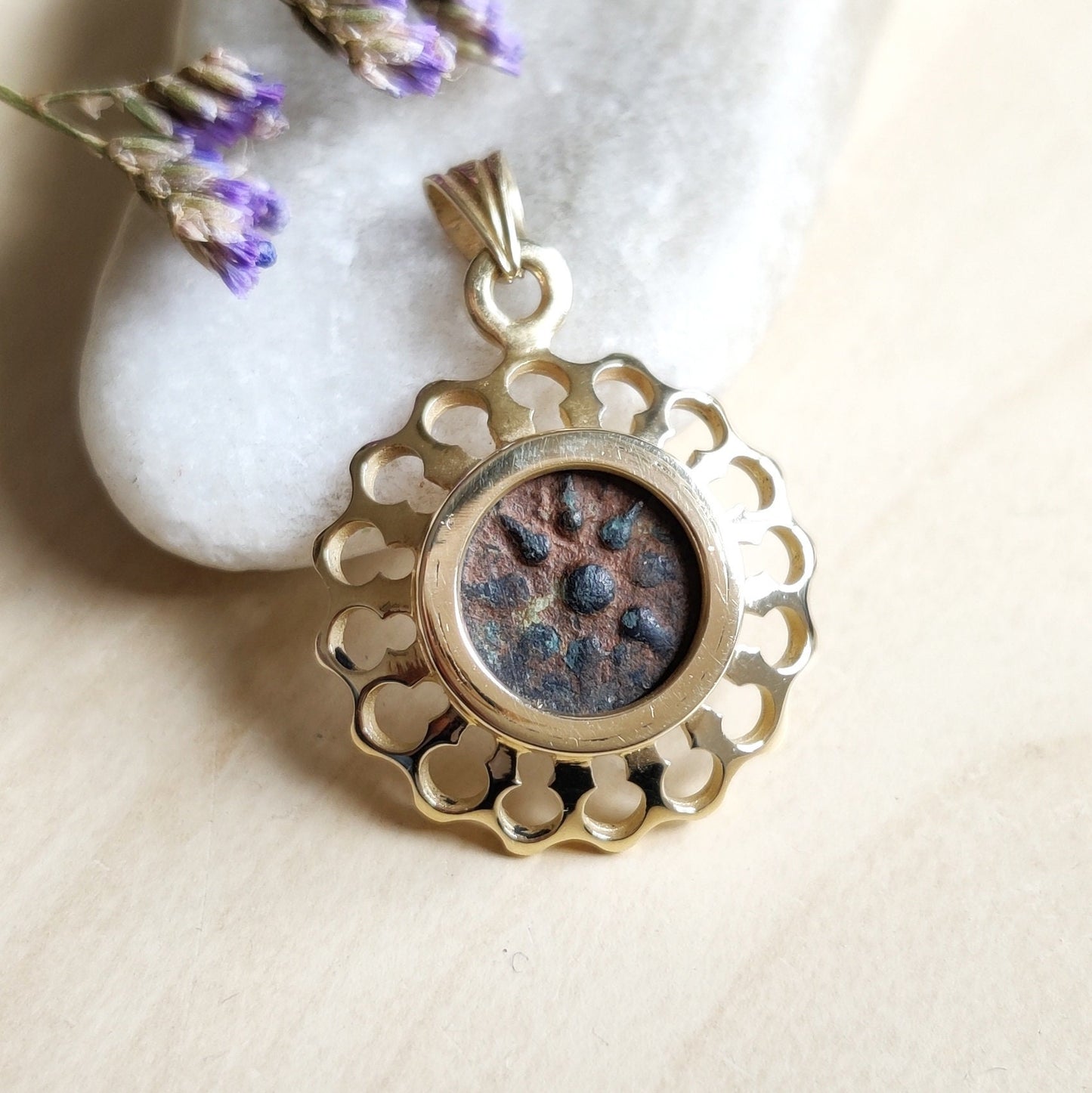Widow's Mite Coin set in 14K Gold Pendant, Authentic Ancient Christian Coin Medallion, New Testament Mark 12:41 Coin, Christian Gift idea
