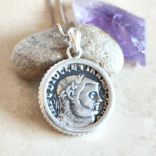 Silver Coin Necklace for Men: Roman Emperor Diocletian Replica Coin Pendant Barr Designs