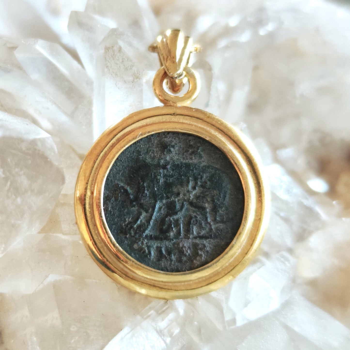 Antique Roman Coin Medallion Necklace: Romulus & Remus with She Wolf, Gold Plated Bezel Barr Designs