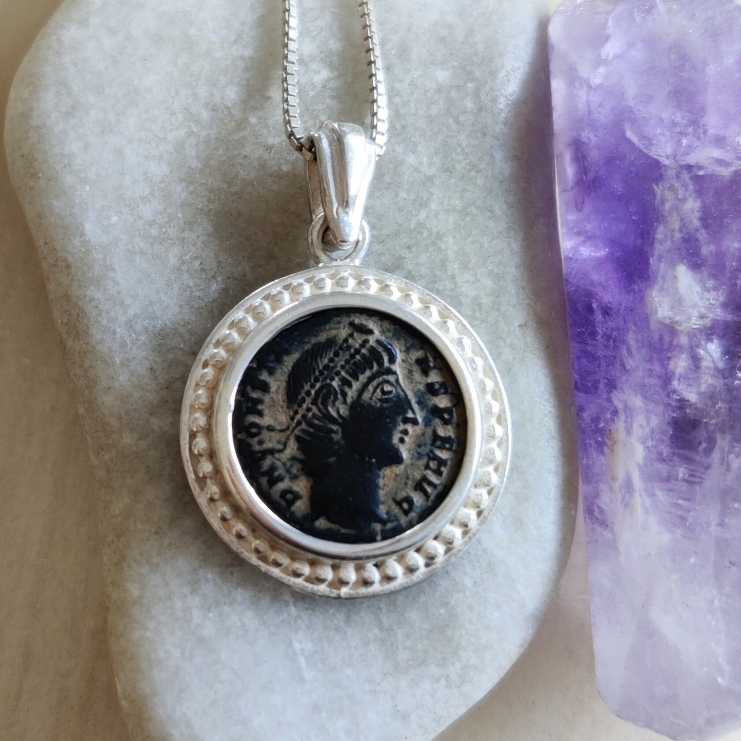 Genuine certified Roman coin silver necklace, ancient bronze coin pendant, Emperor Constans medallion, vintage style men unisex gift