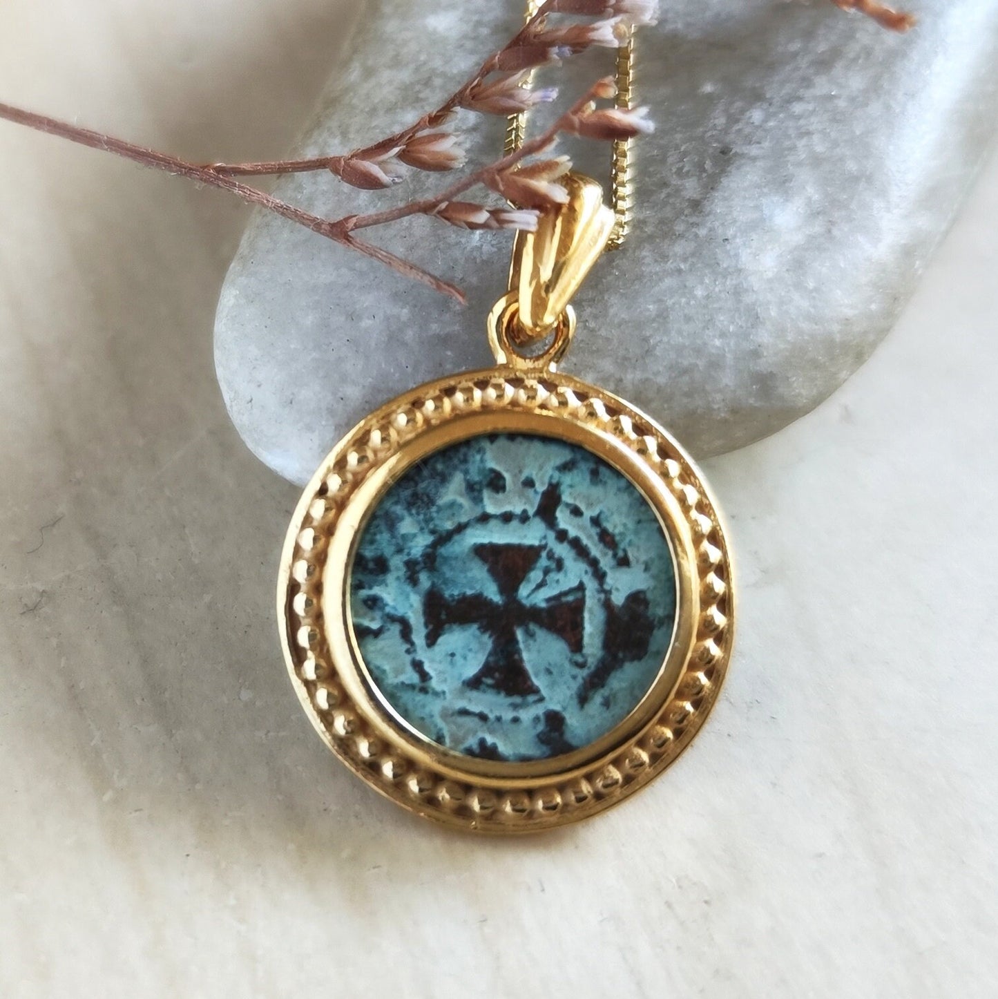 Antique Latin Cross Coin Pendant, Christian Armenia Necklace, Crusaders Knight Templar Bronze Coin Jewelry, Lion Coin Gold Plated Pendant