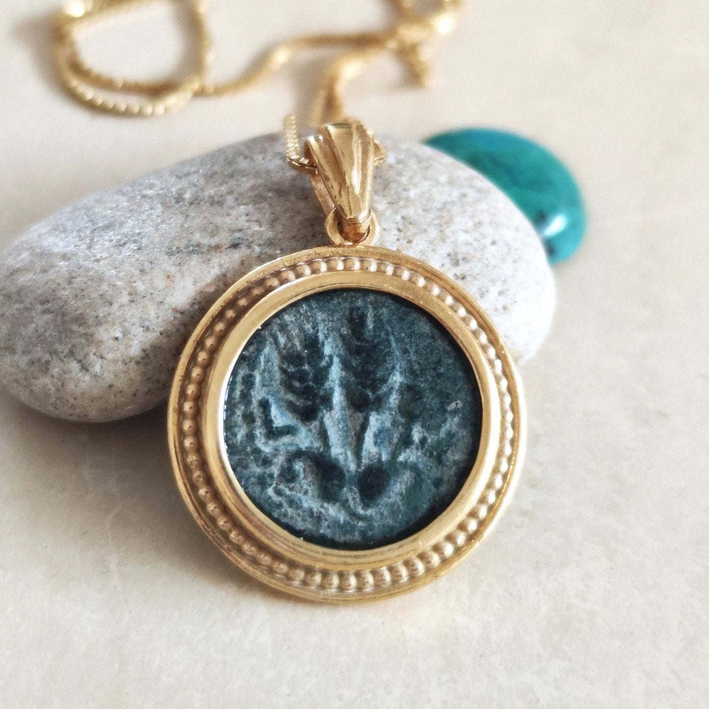 Ancient Jewish King Herod Agrippa bronze coin necklace, Herodian Roman coin gold plated Pedant, vintage coin medallion, Jewish Judea pendant