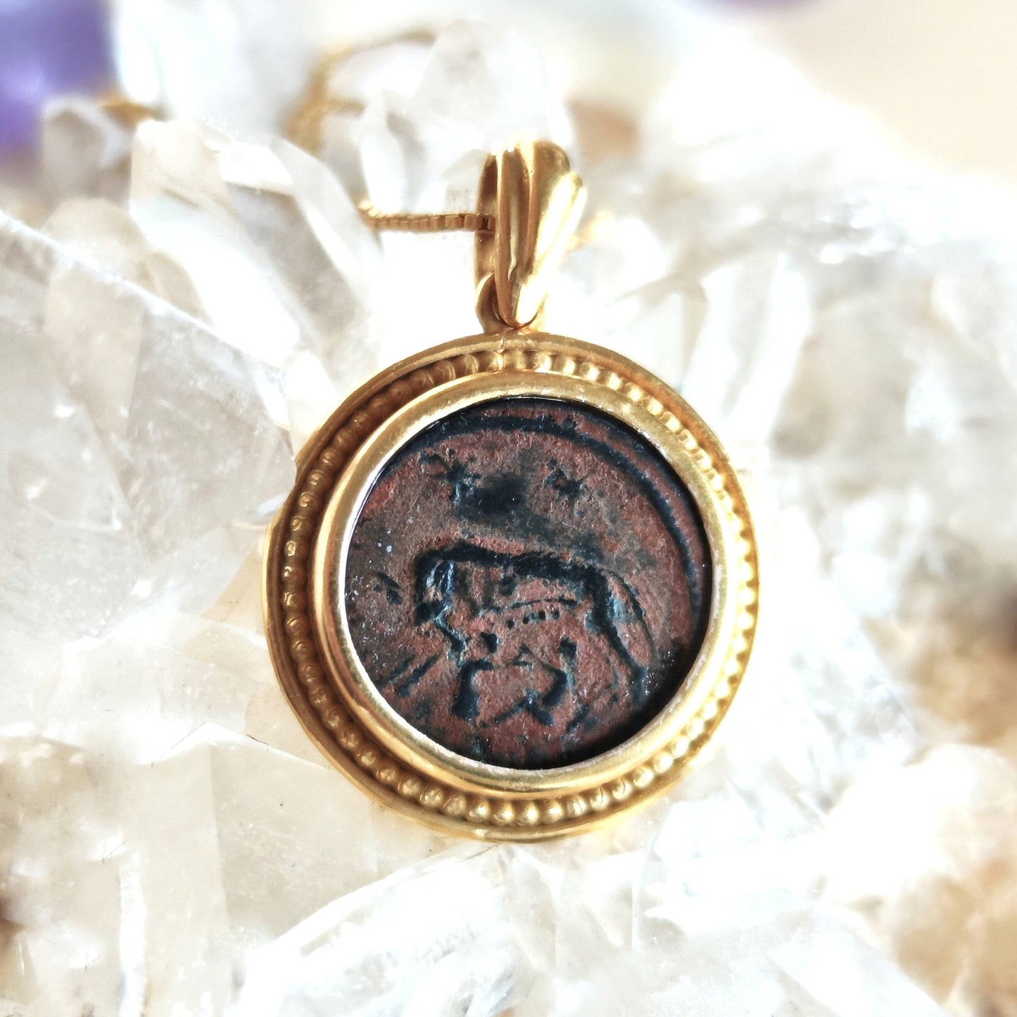 Romulus & Remus Coin Pendant: Genuine Roman Bronze, Gold Plated Sterling Silver Barr Designs