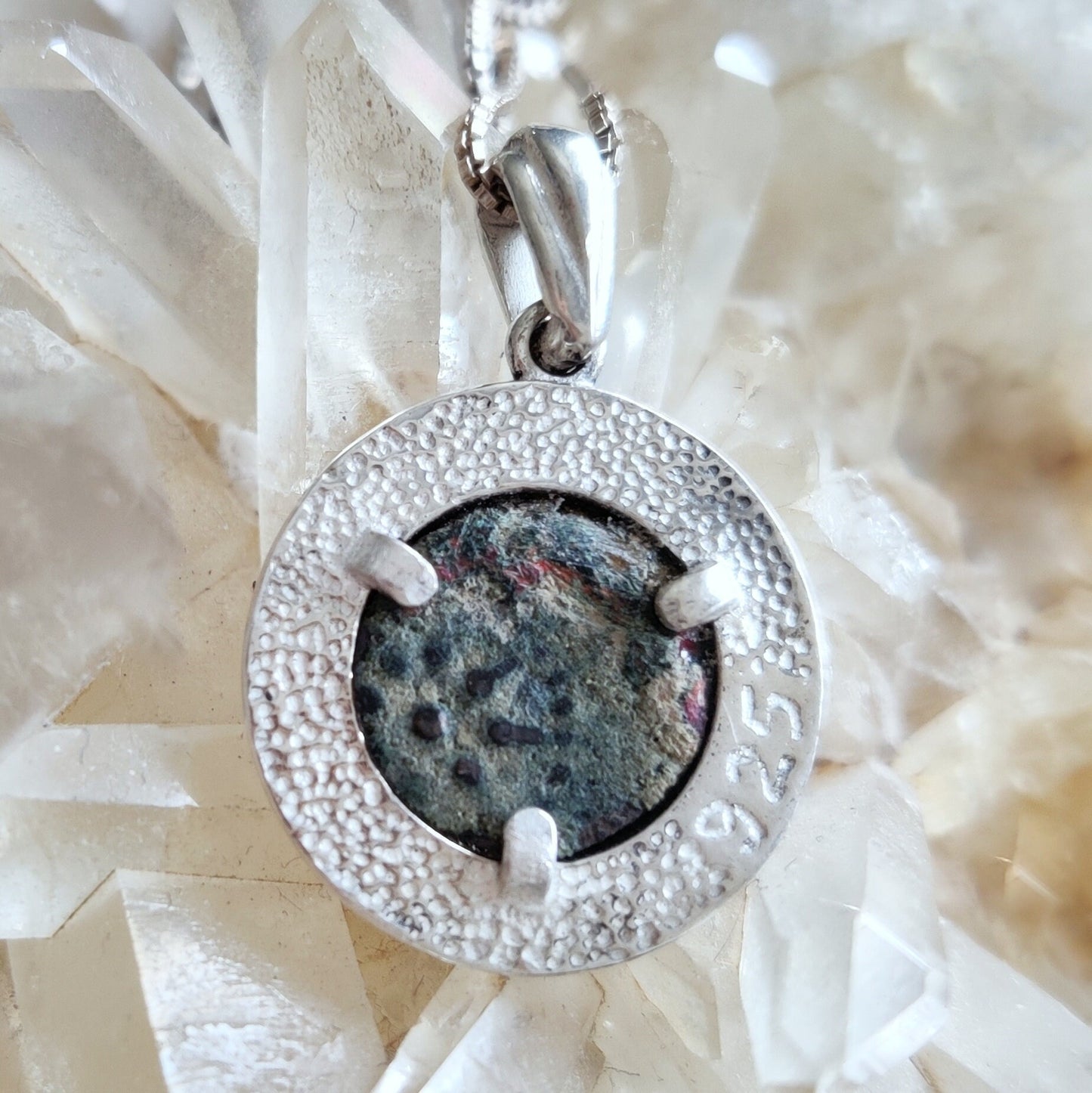 Christian Silver Necklace, Widow's Mite Coin Pendant, Jesus Ancient Jewelry, vintage style necklace, Flower nature pendant, Israeli jewelry