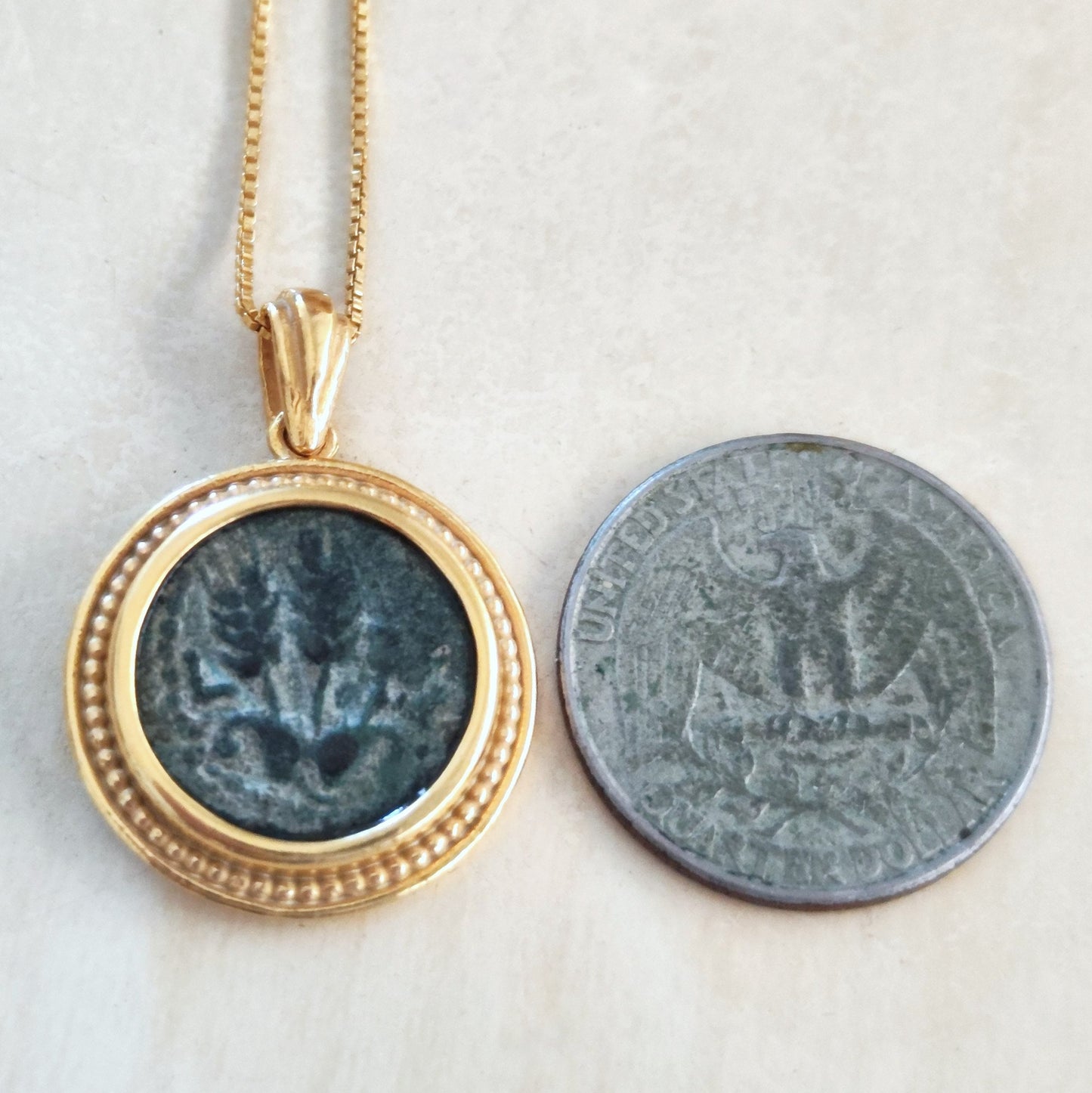 Ancient Jewish King Herod Agrippa bronze coin necklace, Herodian Roman coin gold plated Pedant, vintage coin medallion, Jewish Judea pendant