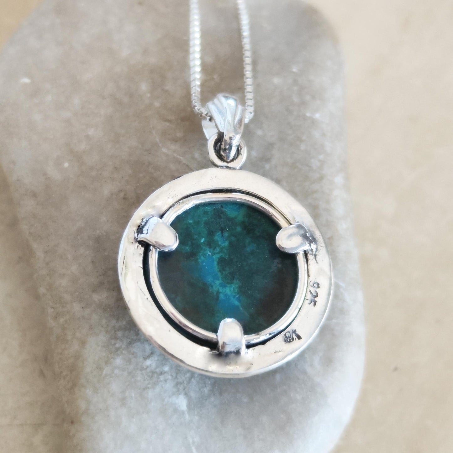 Multicolor Eilat Stone Silver Pendant, Turquoise Green gemstone jewelry, Round cabochon Blue necklace, Israeli jewelry, King Solomon Stone