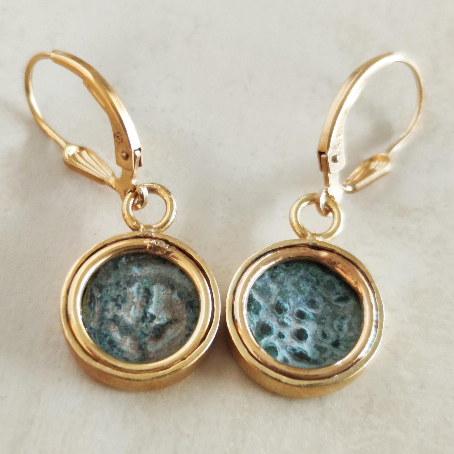 Ancient Biblical Coin Dangle Earrings: New Testament Widow's Mite set in 18K Gold Plated Sterling Silver Barr Designs