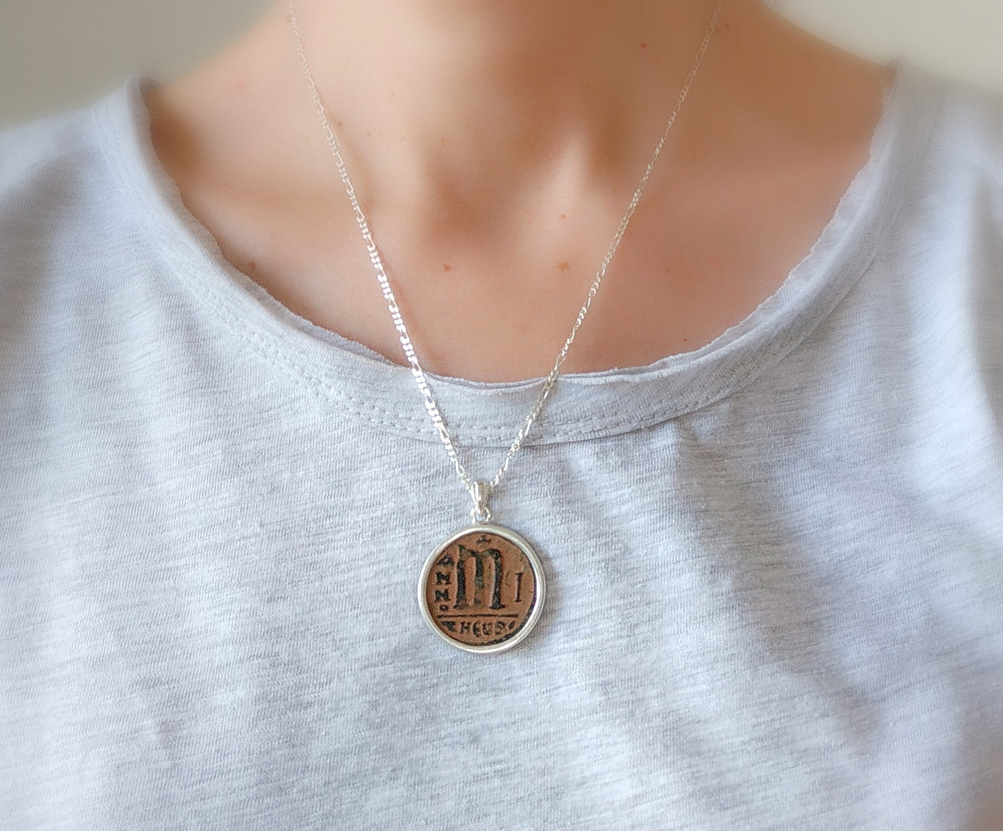Antique Eastern Roman Byzantine Coin Necklace, Large Silver Coin medallion, initial letter M Statement Pendant, History Lover Jewelry gift