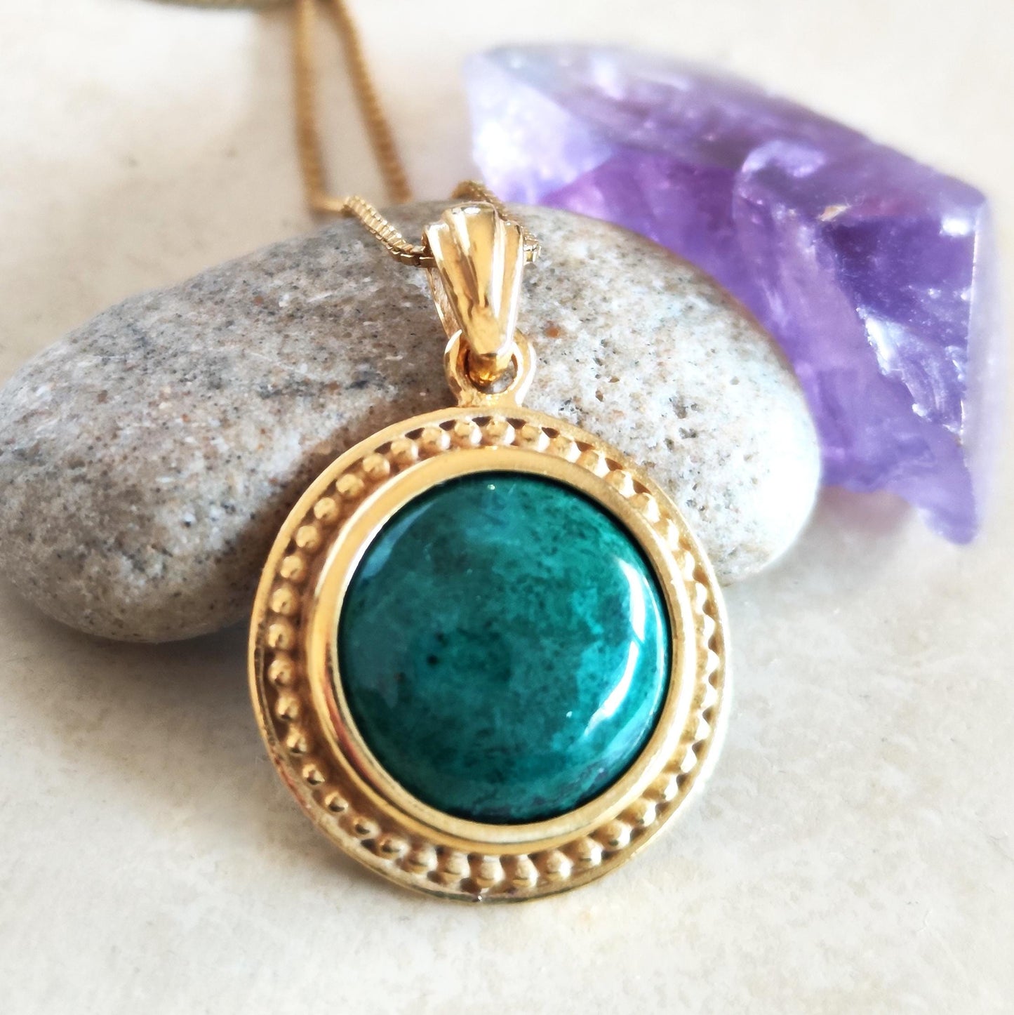 Eilat Stone Gold Plated Necklace, Green Turquoise Pendant, King Solomon Mines stone, Israeli Jewelry, Chrysocolla Malachite mineral gemstone