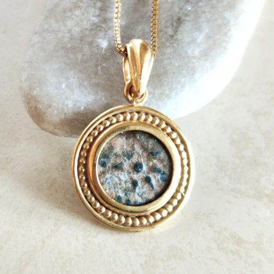 Antique widow's mite coin necklace, Biblical Coin Medallion, Ancient Judea bronze Prutah, Christian Jesus jewelry