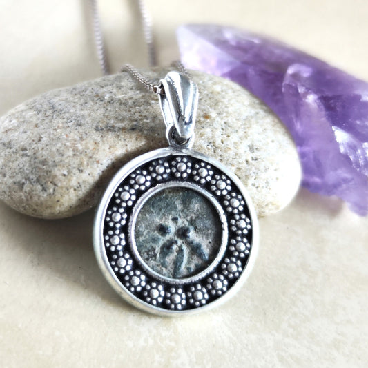 Certified Antique Widow's Mite Coin Christian Medallion, New Testament Christmas gift for her, nature flower jewelry