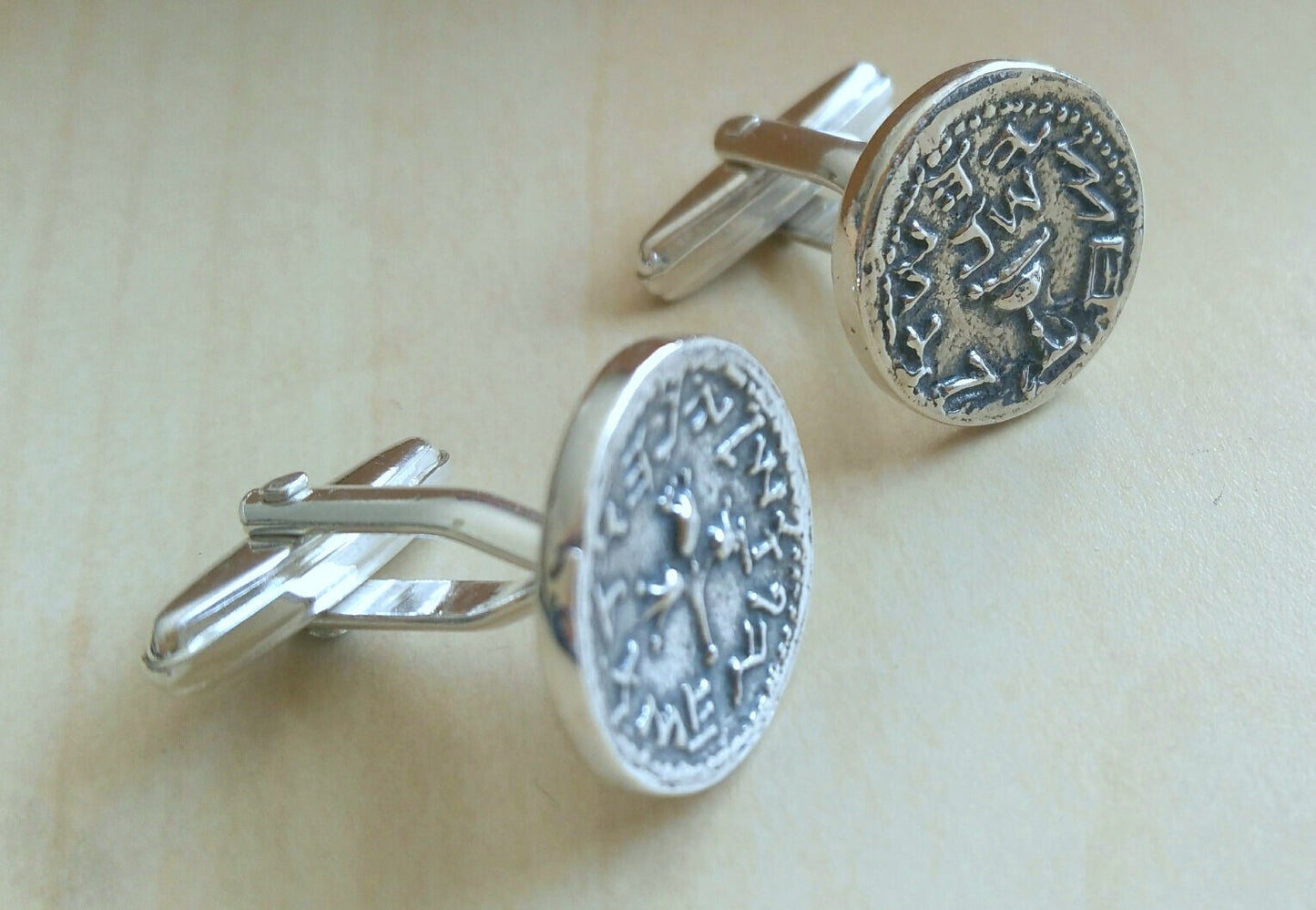 Ancient coin cufflinks, silver half shekel temple tribute coin, Jewish revolt Judea coin replica cufflinks, men's gift idea, Israeli jewelry