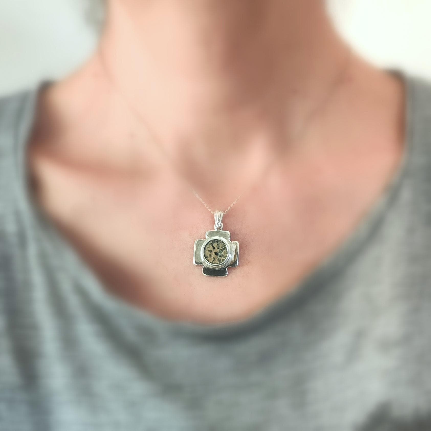 Jerusalem Cross Pendant set with antique Widow's Mite Coin, Sterling Silver Barr Designs