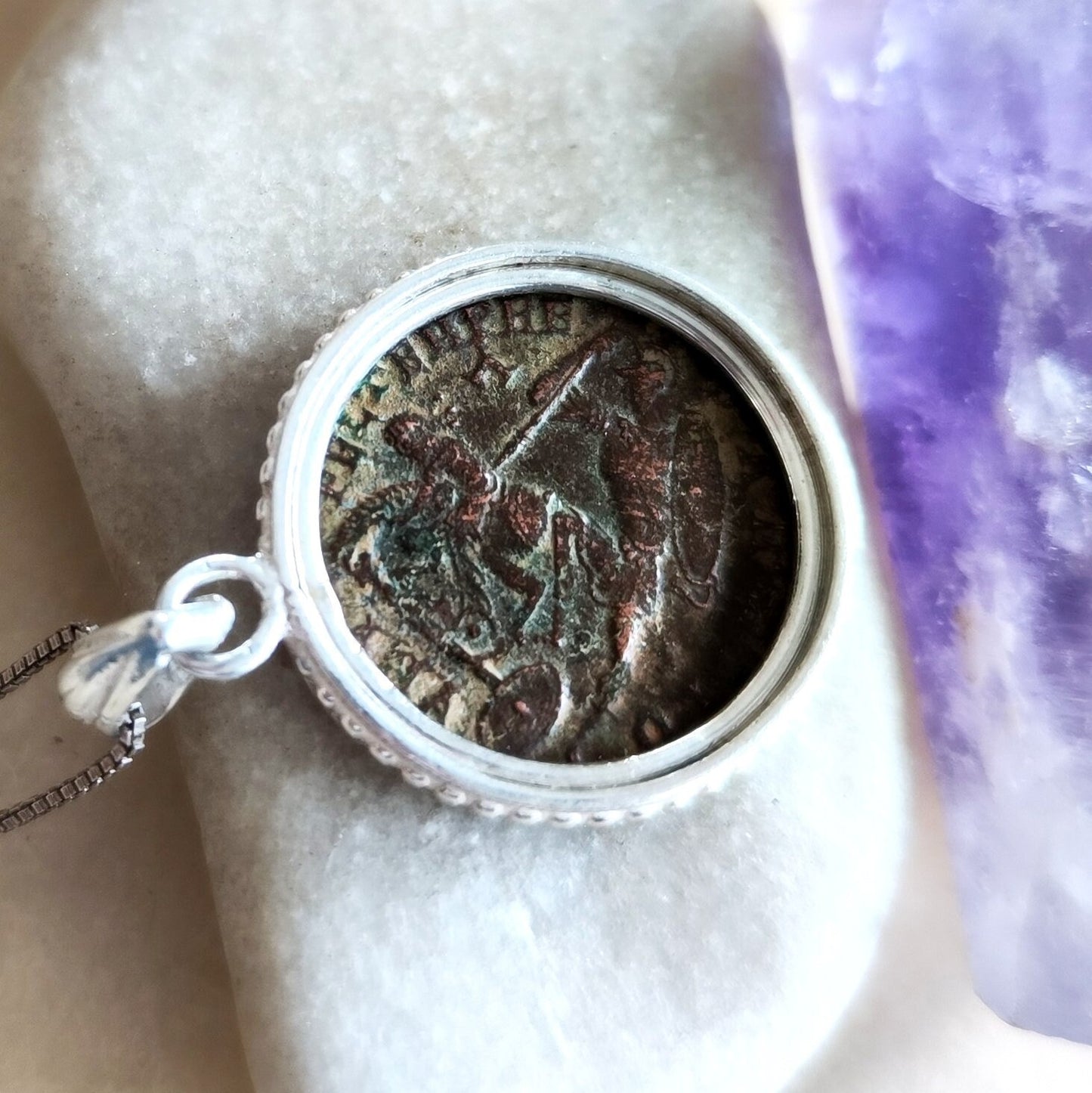 Ancient Roman coin Silver necklace, Certified bronze coin of Emperor Constantius pendant, women unisex medallion, Antique vintage jewelry